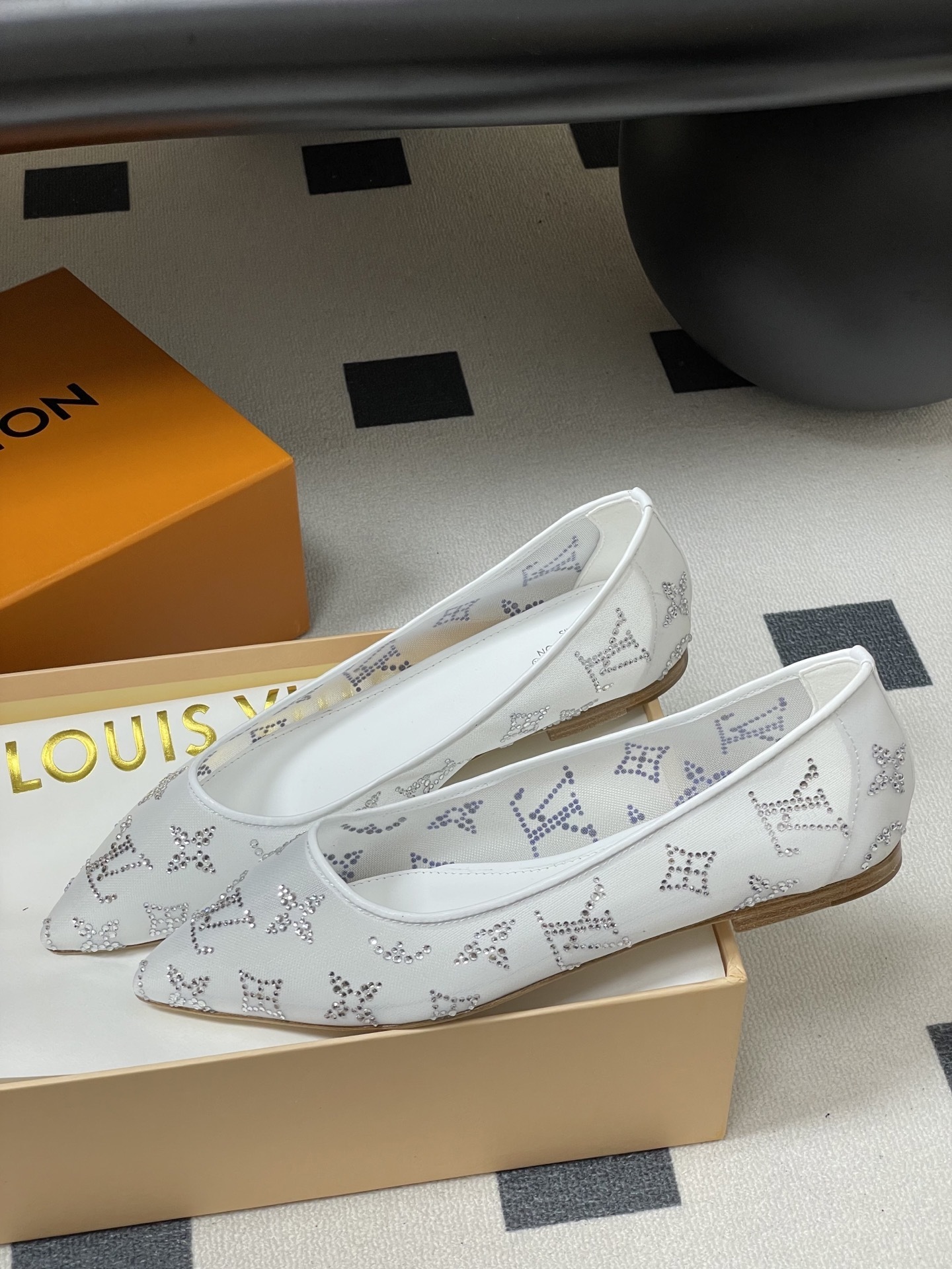 Luxury White Mesh Pointed Toe Flats with Crystal Monogram