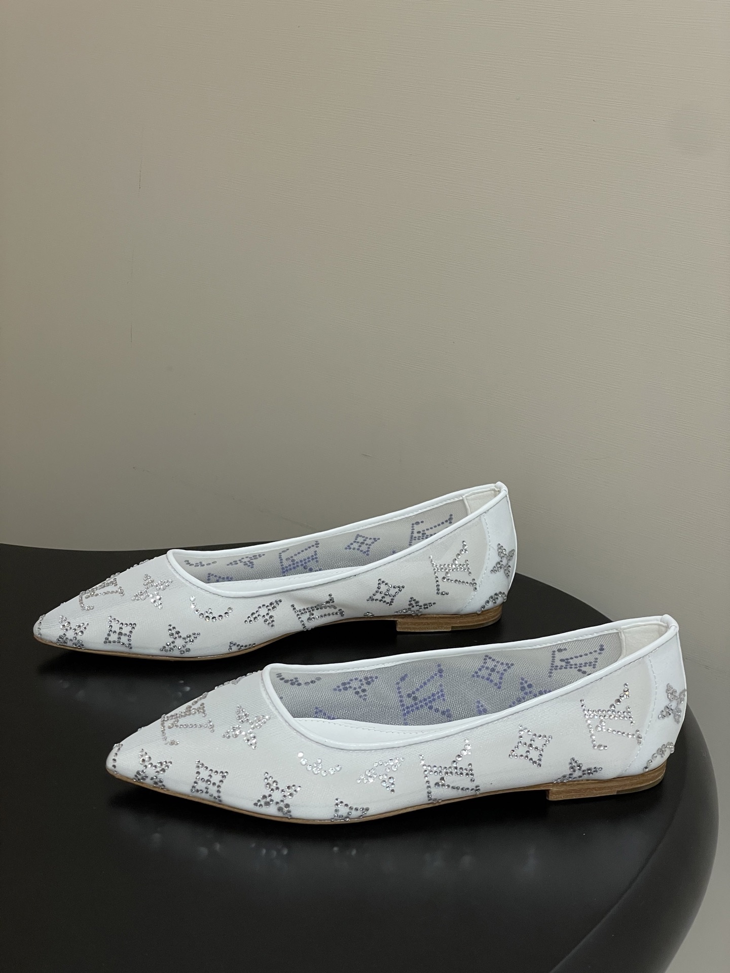 Luxury White Mesh Pointed Toe Flats with Crystal Monogram