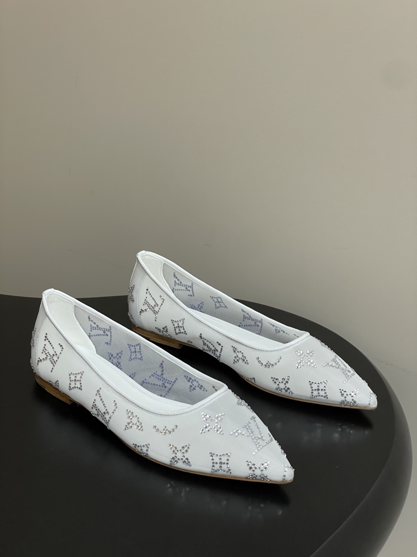 Luxury White Mesh Pointed Toe Flats with Crystal Monogram