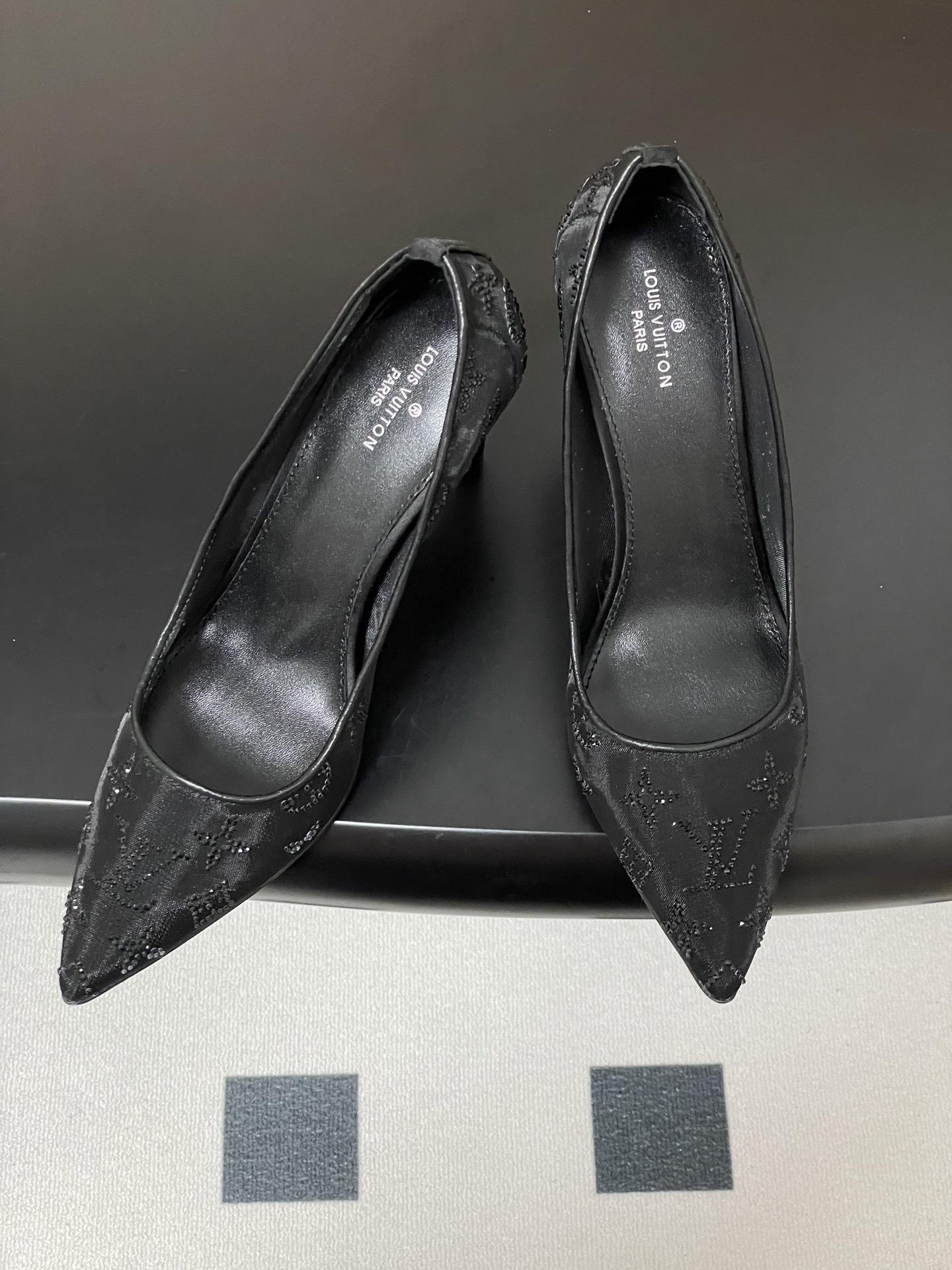 Elegant Black Mesh Monogram Pointed Toe Stiletto Heels