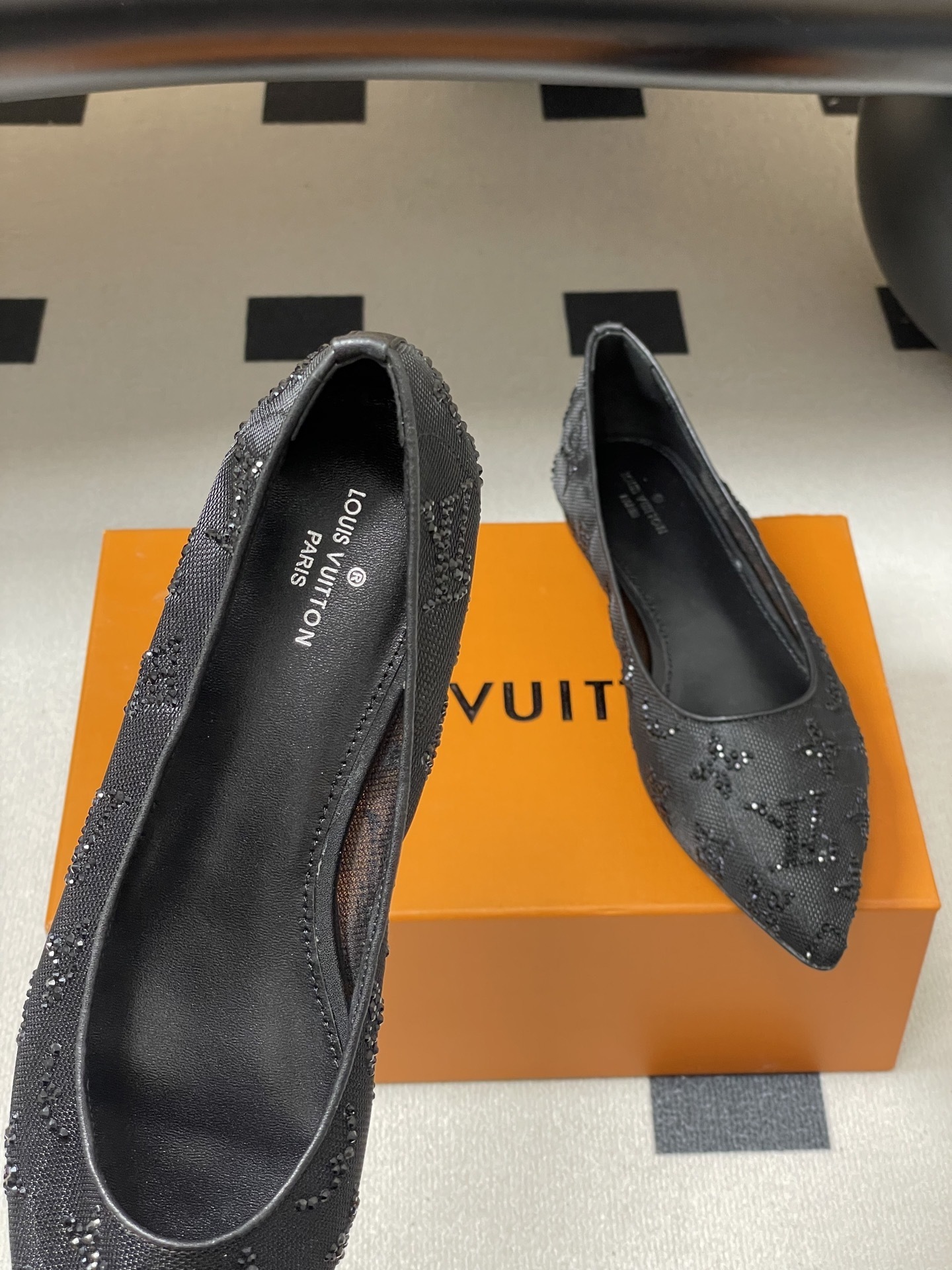 Elegant Black Beaded Monogram Pointed Toe Mesh Ballerina Flats