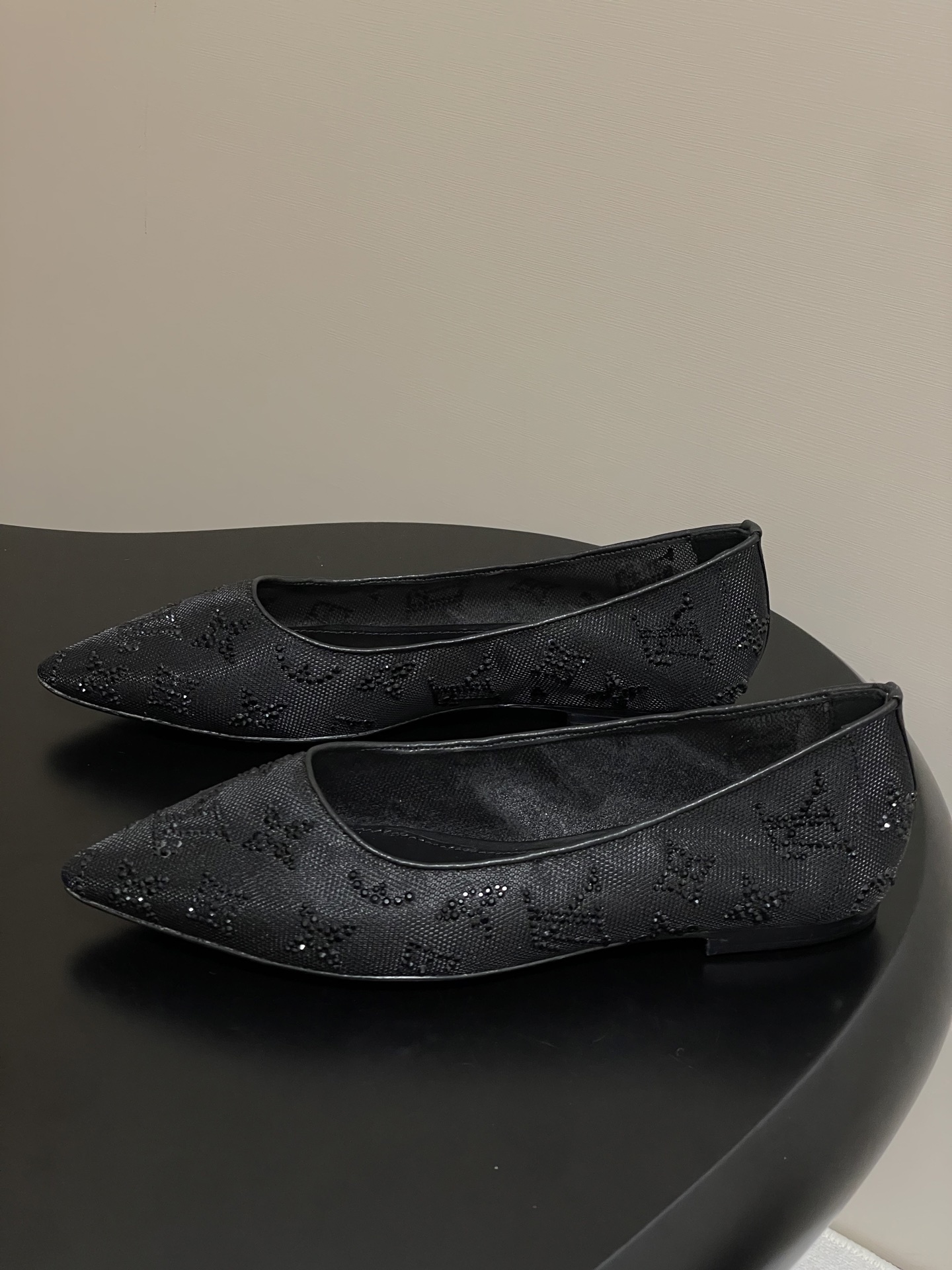 Elegant Black Beaded Monogram Pointed Toe Mesh Ballerina Flats