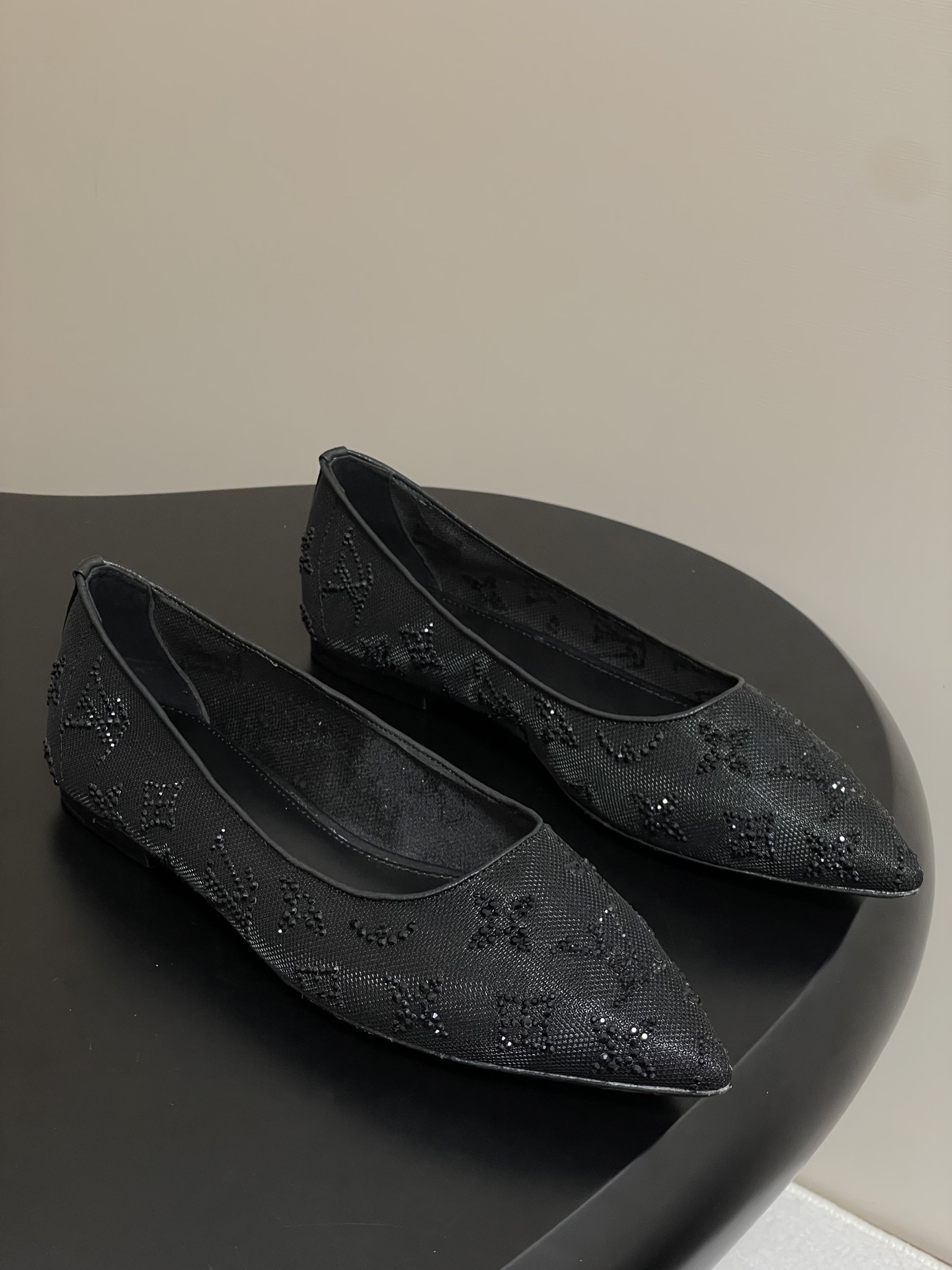 Elegant Black Beaded Monogram Pointed Toe Mesh Ballerina Flats