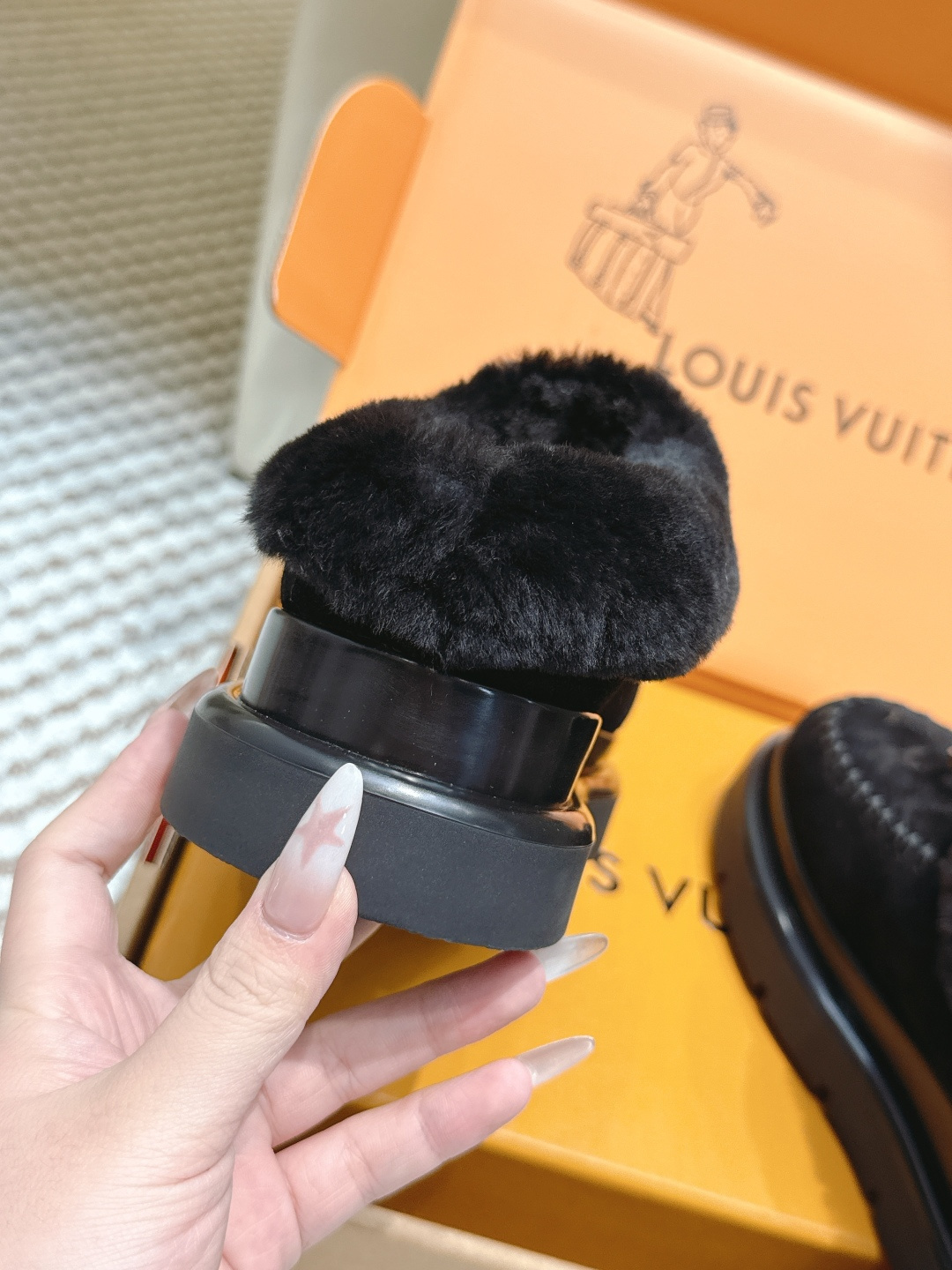 Louis Vuitton Black Monogram Fur-Lined Suede Moccasin Loafers