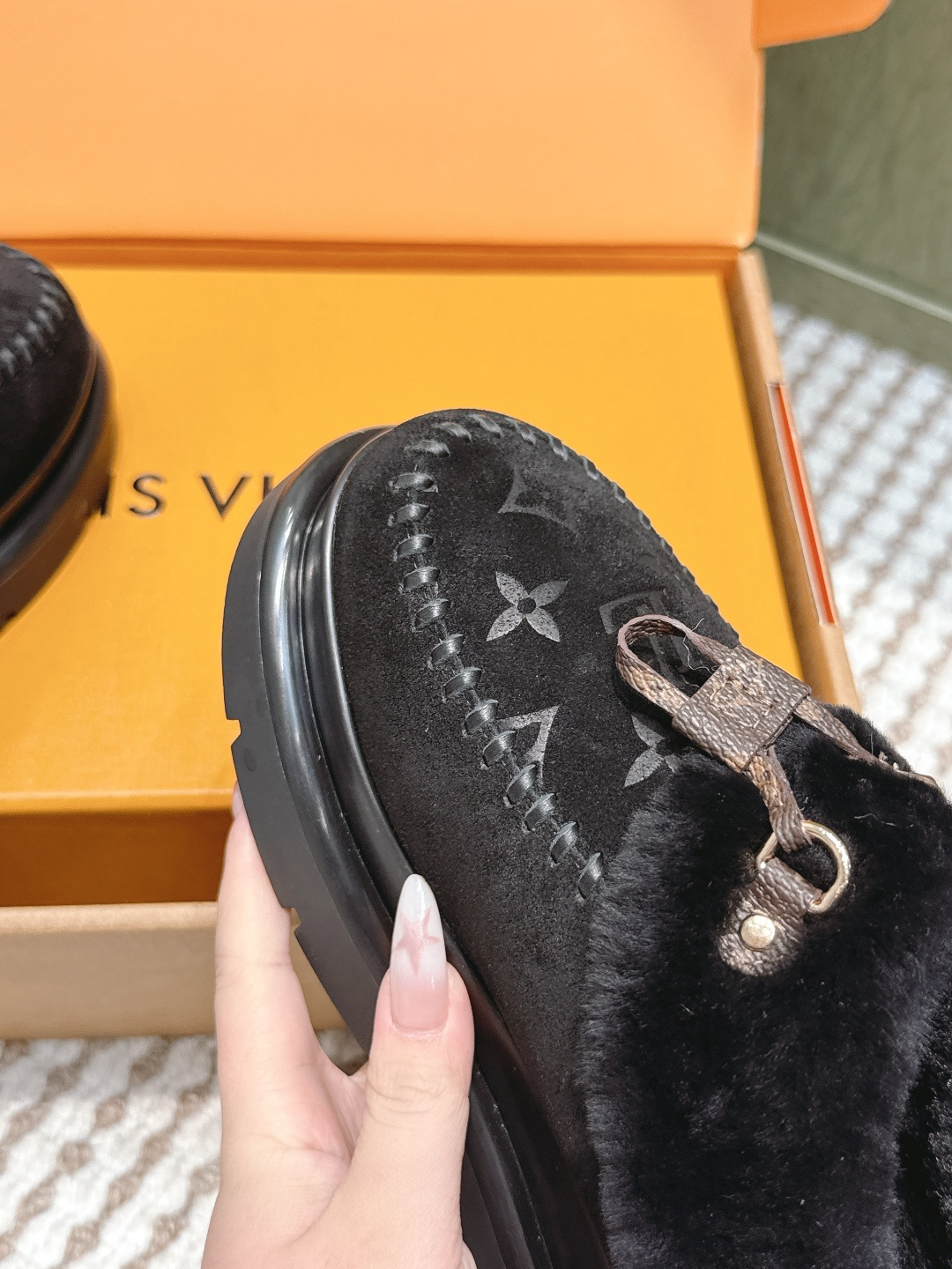 Louis Vuitton Black Monogram Fur-Lined Suede Moccasin Loafers