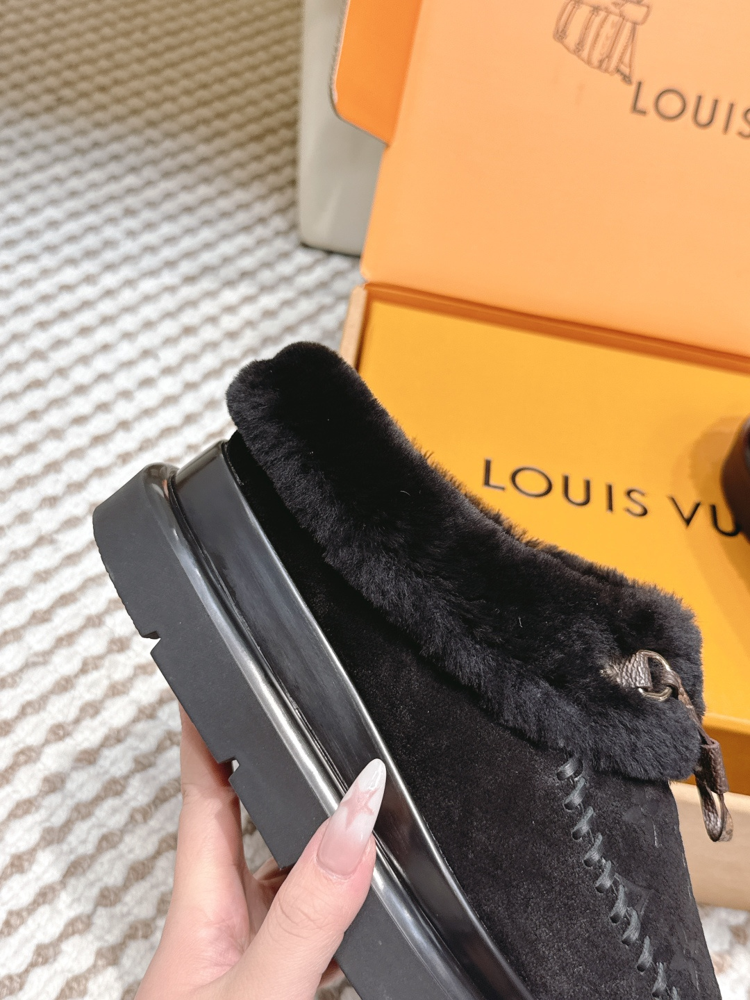 Louis Vuitton Black Monogram Fur-Lined Suede Moccasin Loafers