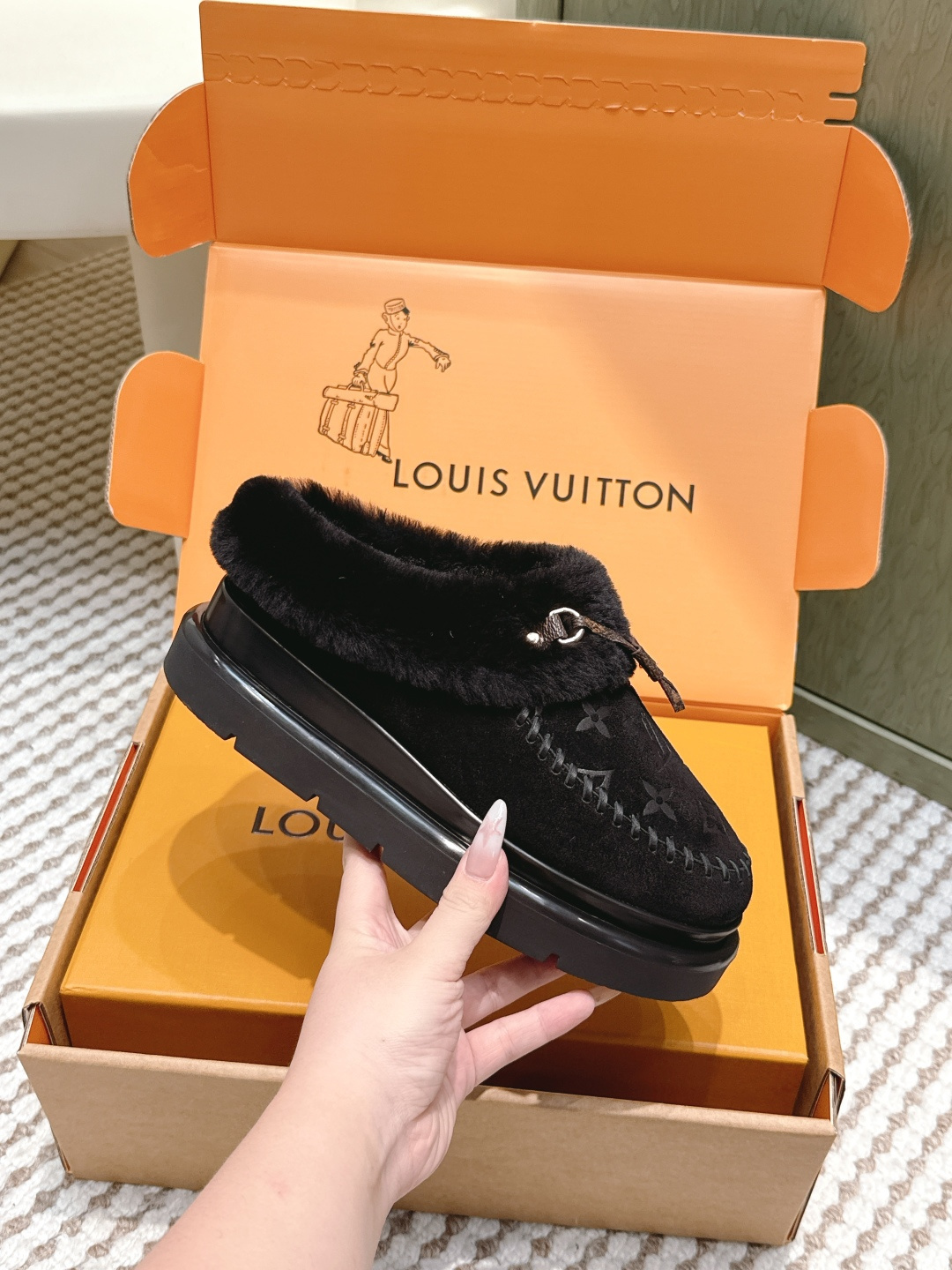 Louis Vuitton Black Monogram Fur-Lined Suede Moccasin Loafers