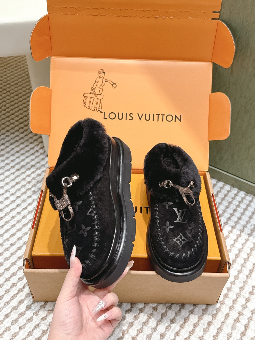 Louis Vuitton Black Monogram Fur-Lined Suede Moccasin Loafers