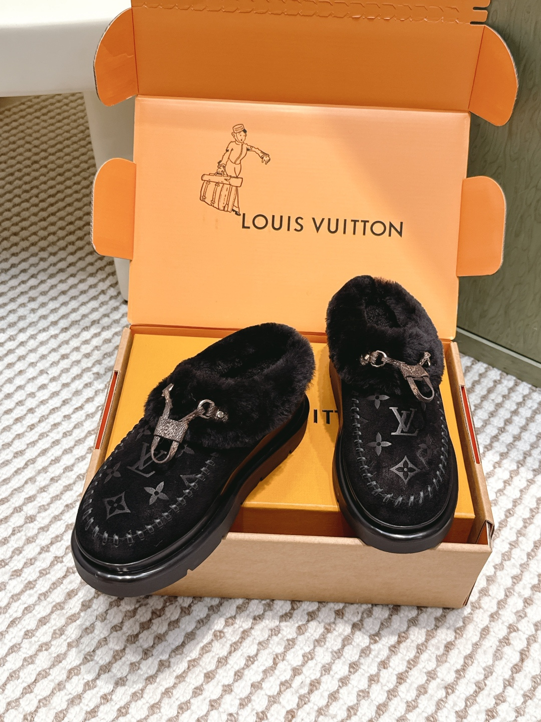 Louis Vuitton Black Monogram Fur-Lined Suede Moccasin Loafers