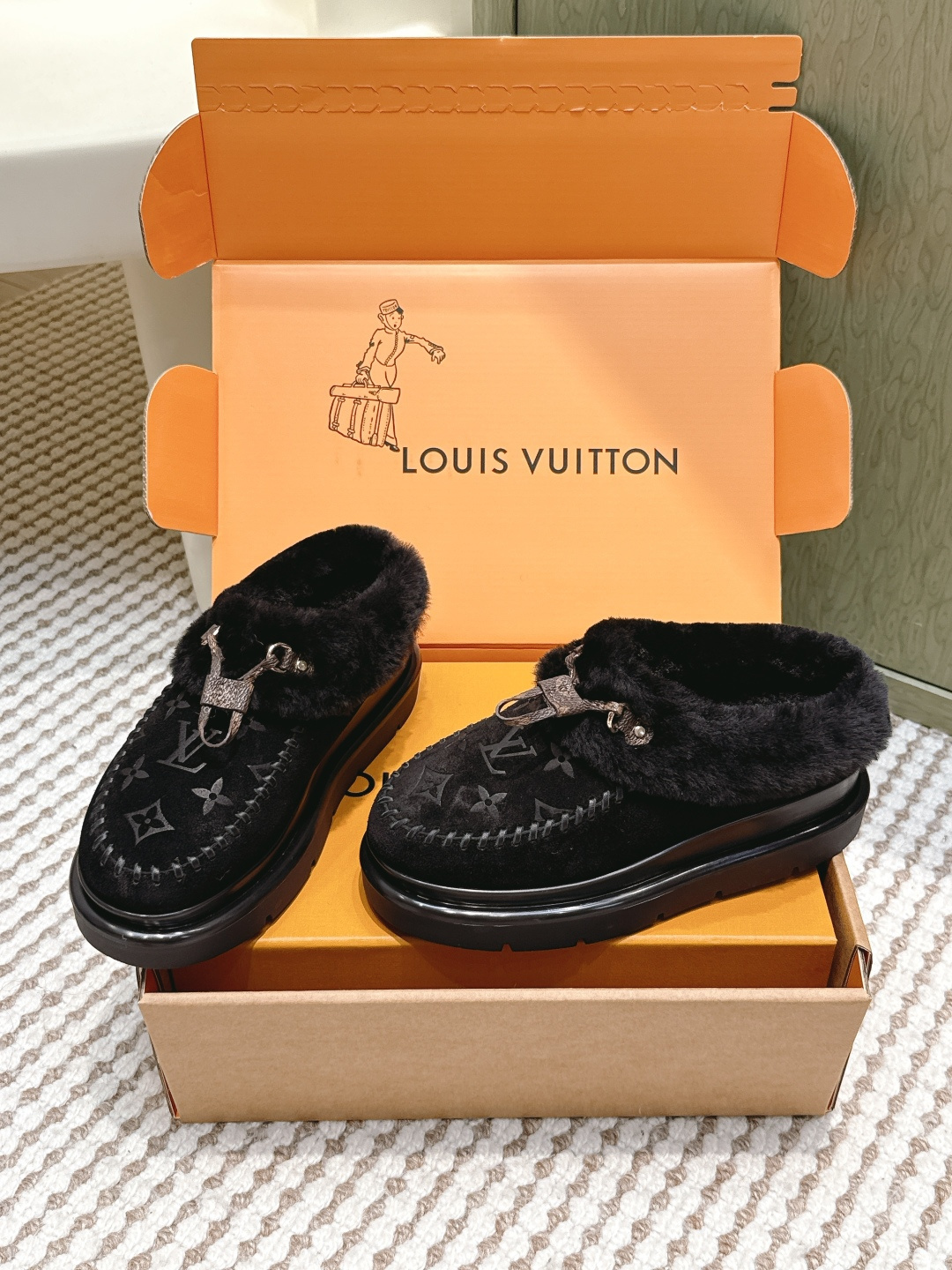Louis Vuitton Black Monogram Fur-Lined Suede Moccasin Loafers