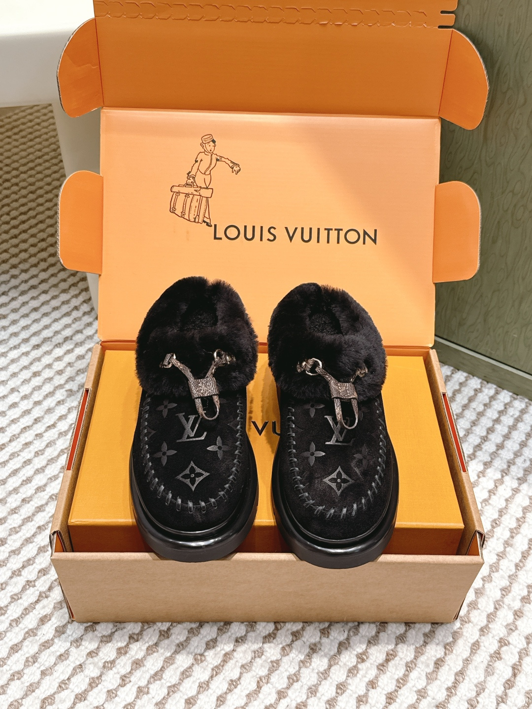Louis Vuitton Black Monogram Fur-Lined Suede Moccasin Loafers