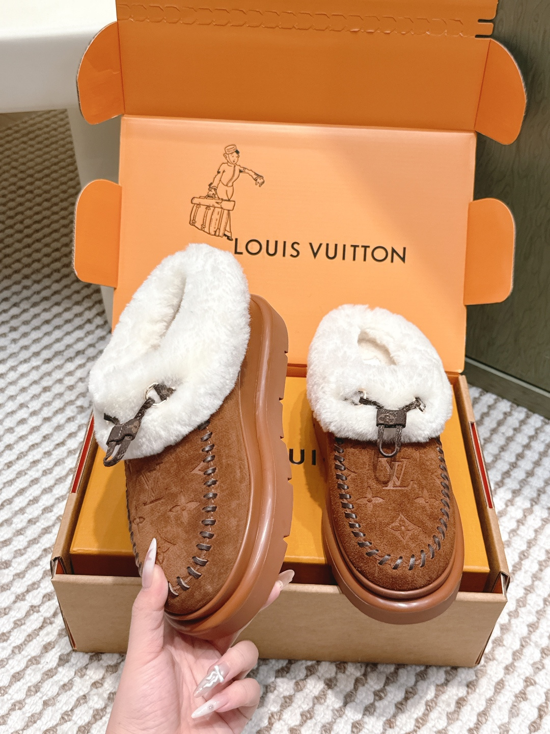 Louis Vuitton Monogram Suede & Shearling Loafers - Luxury Shoes