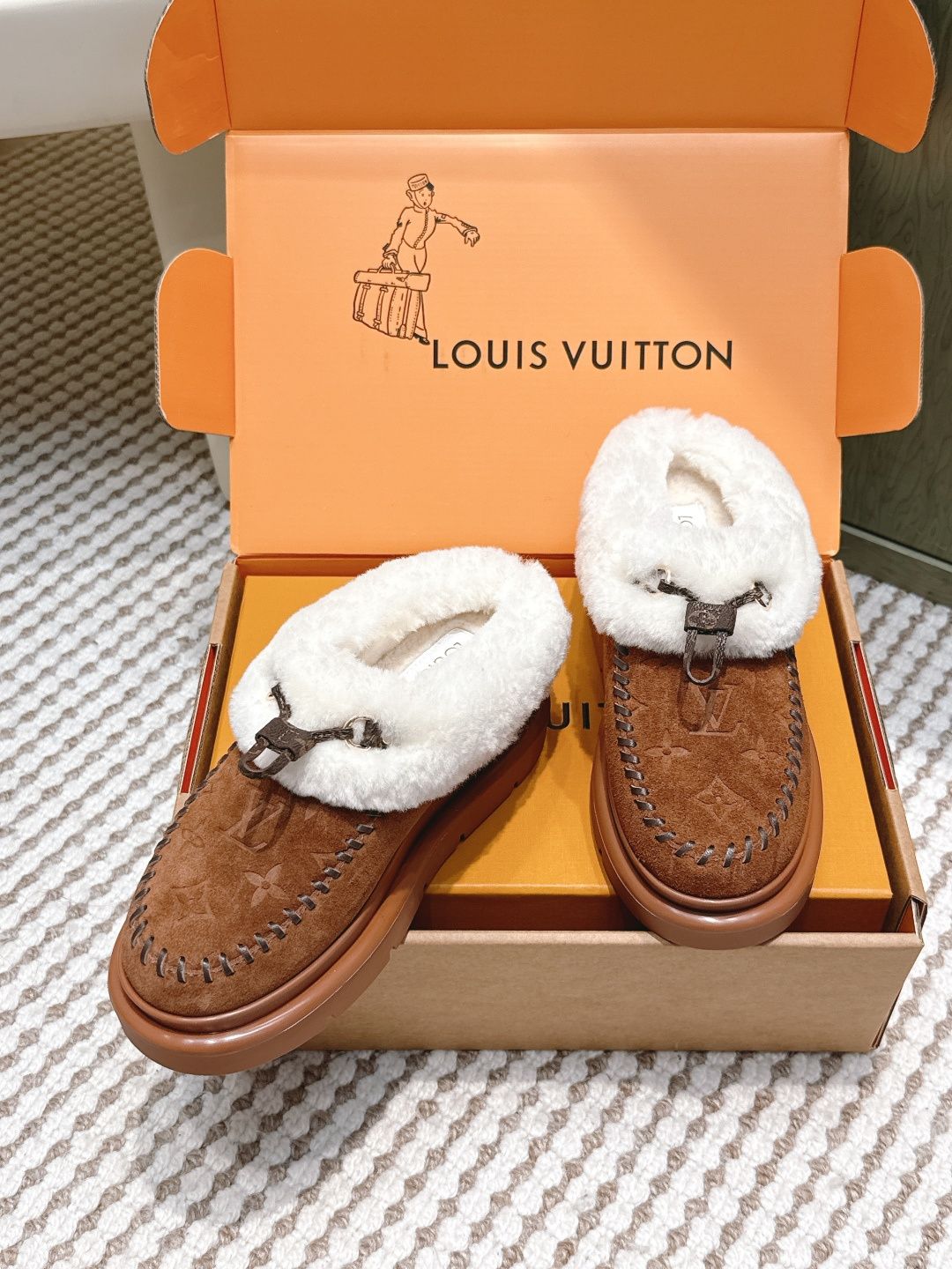 Louis Vuitton Monogram Suede & Shearling Loafers - Luxury Shoes
