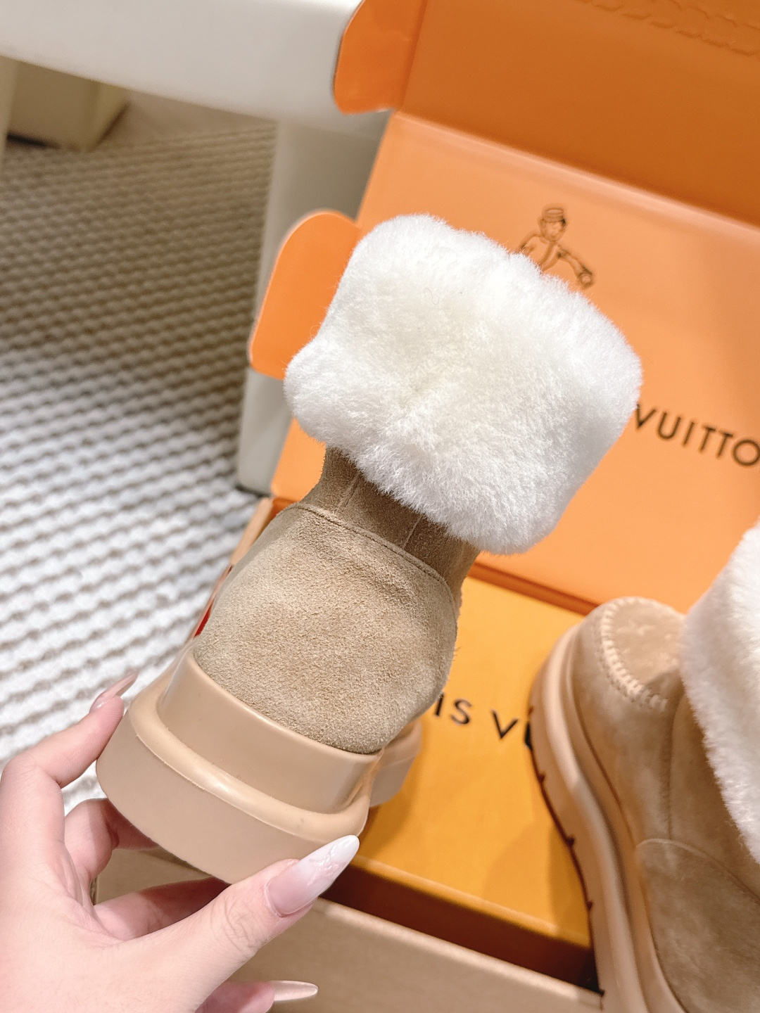 Louis Vuitton Monogram Suede Shearling Ankle Boots - Beige