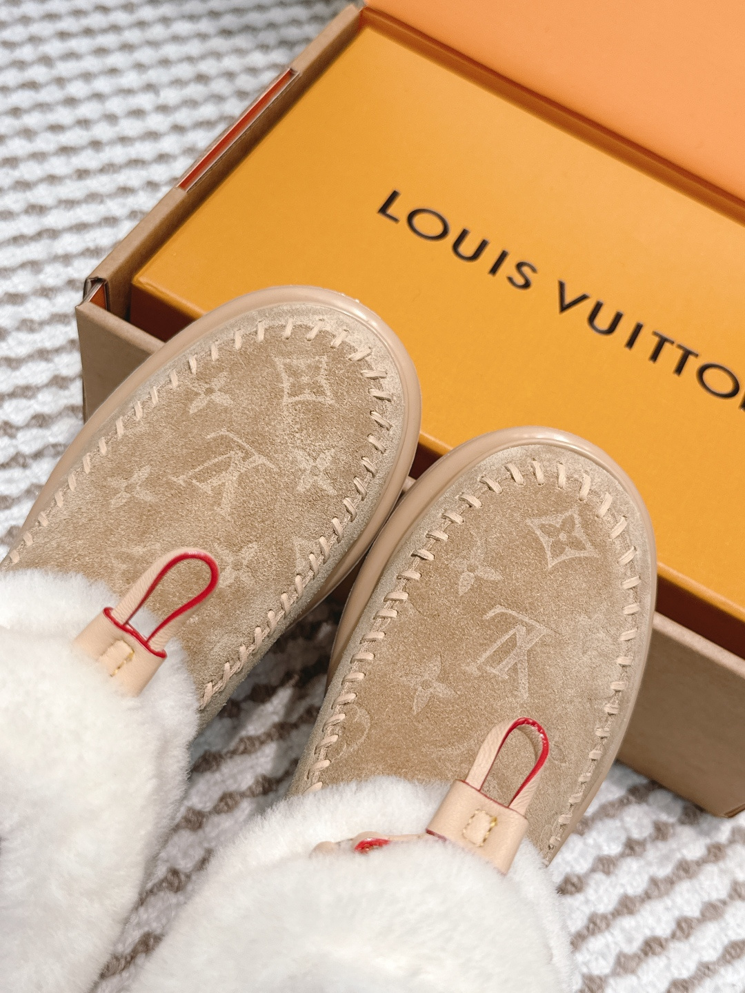 Louis Vuitton Monogram Suede Shearling Ankle Boots - Beige