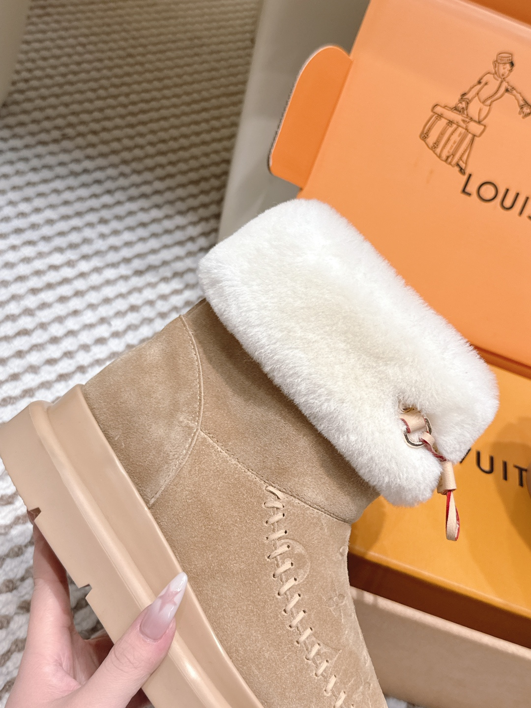 Louis Vuitton Monogram Suede Shearling Ankle Boots - Beige