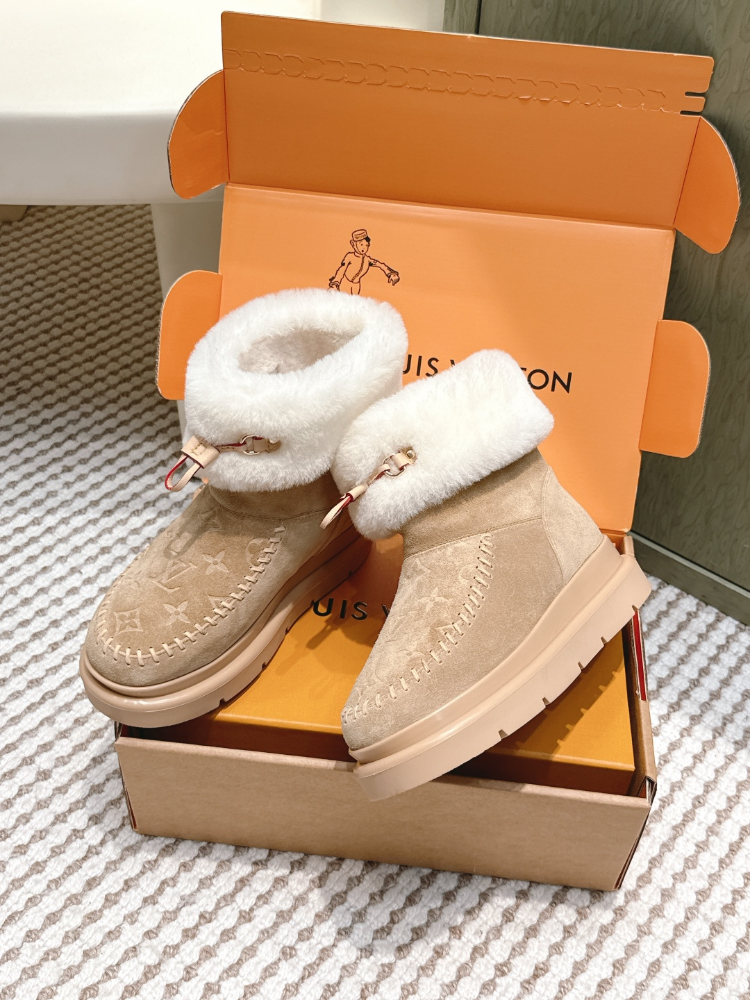 Louis Vuitton Monogram Suede Shearling Ankle Boots - Beige