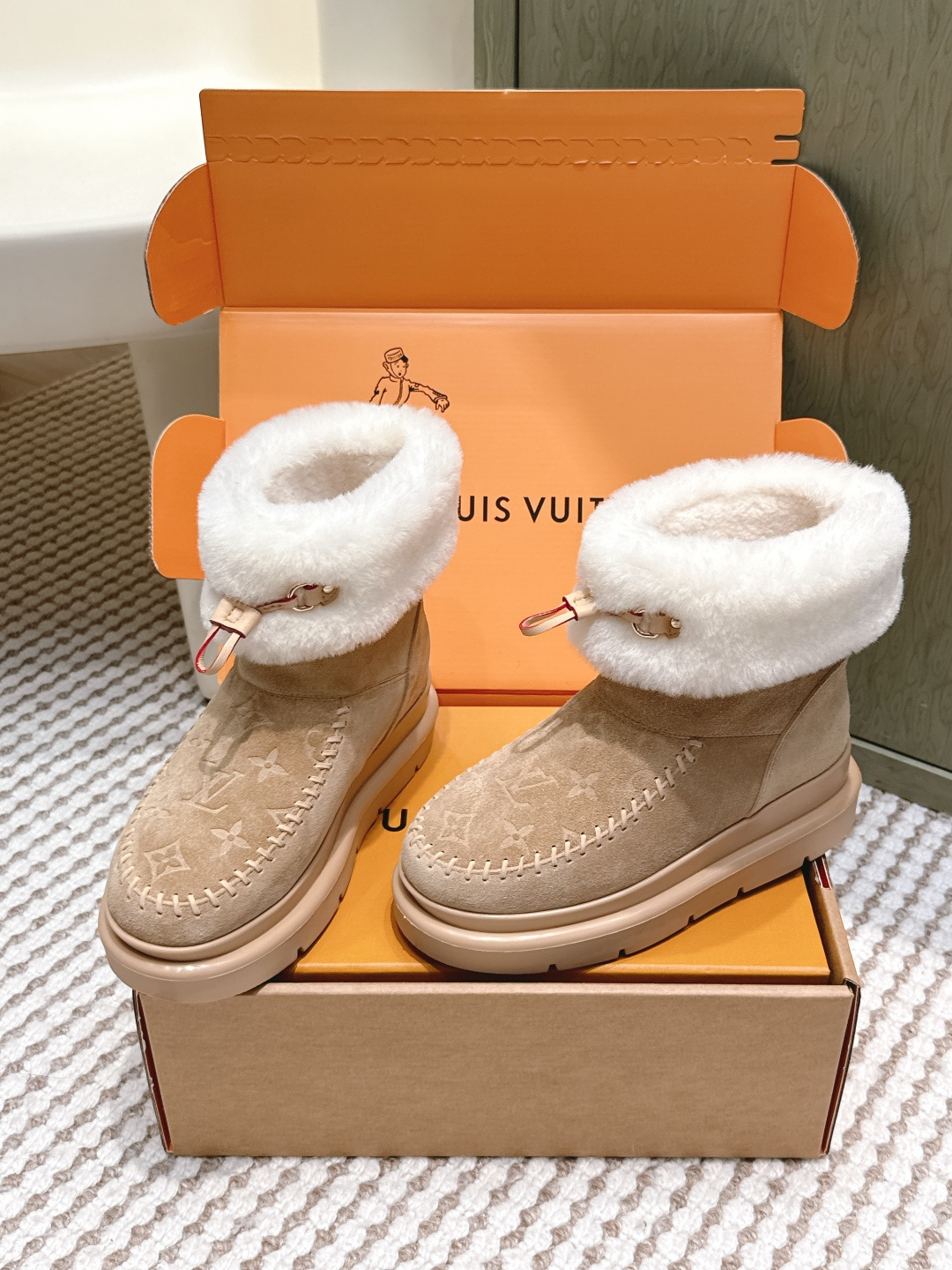Louis Vuitton Monogram Suede Shearling Ankle Boots - Beige