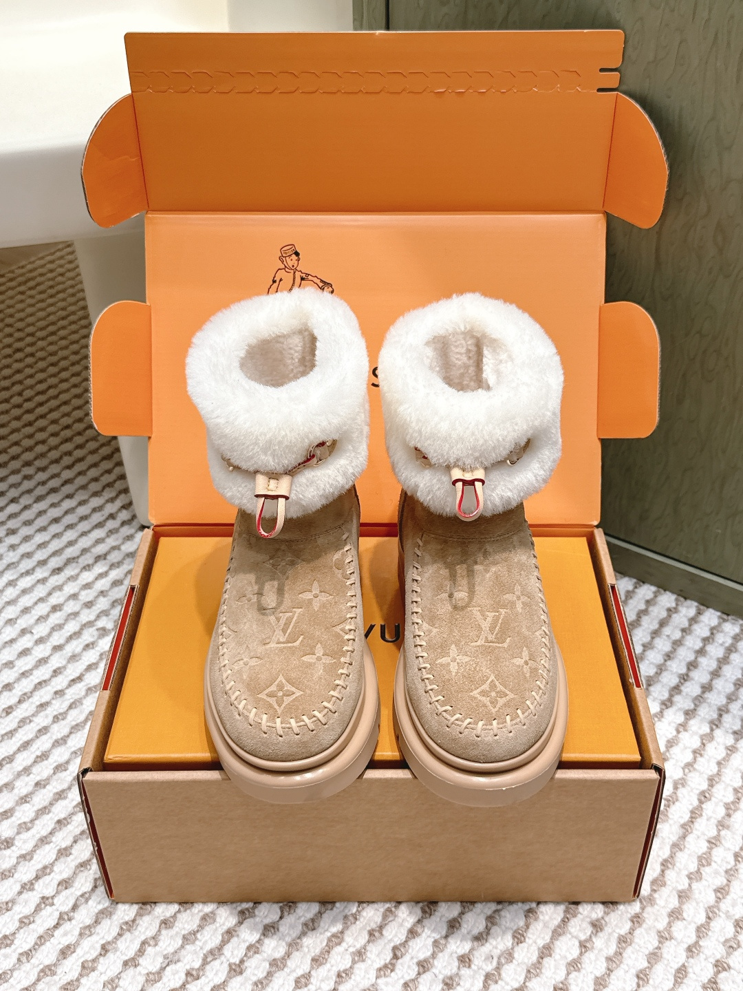 Louis Vuitton Monogram Suede Shearling Ankle Boots – Beige