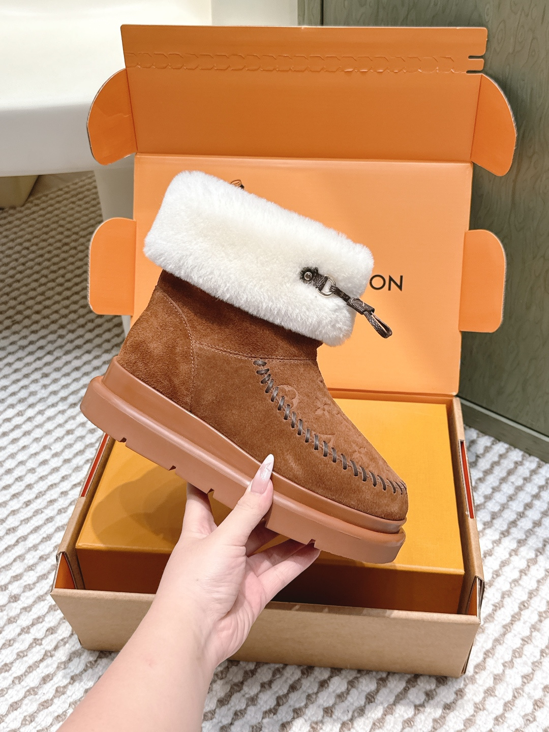 LV Monogram Suede & Shearling Comfort Winter Ankle Boots