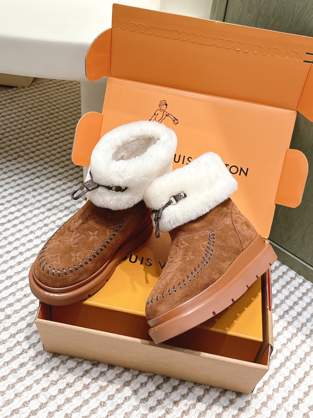 LV Monogram Suede & Shearling Comfort Winter Ankle Boots