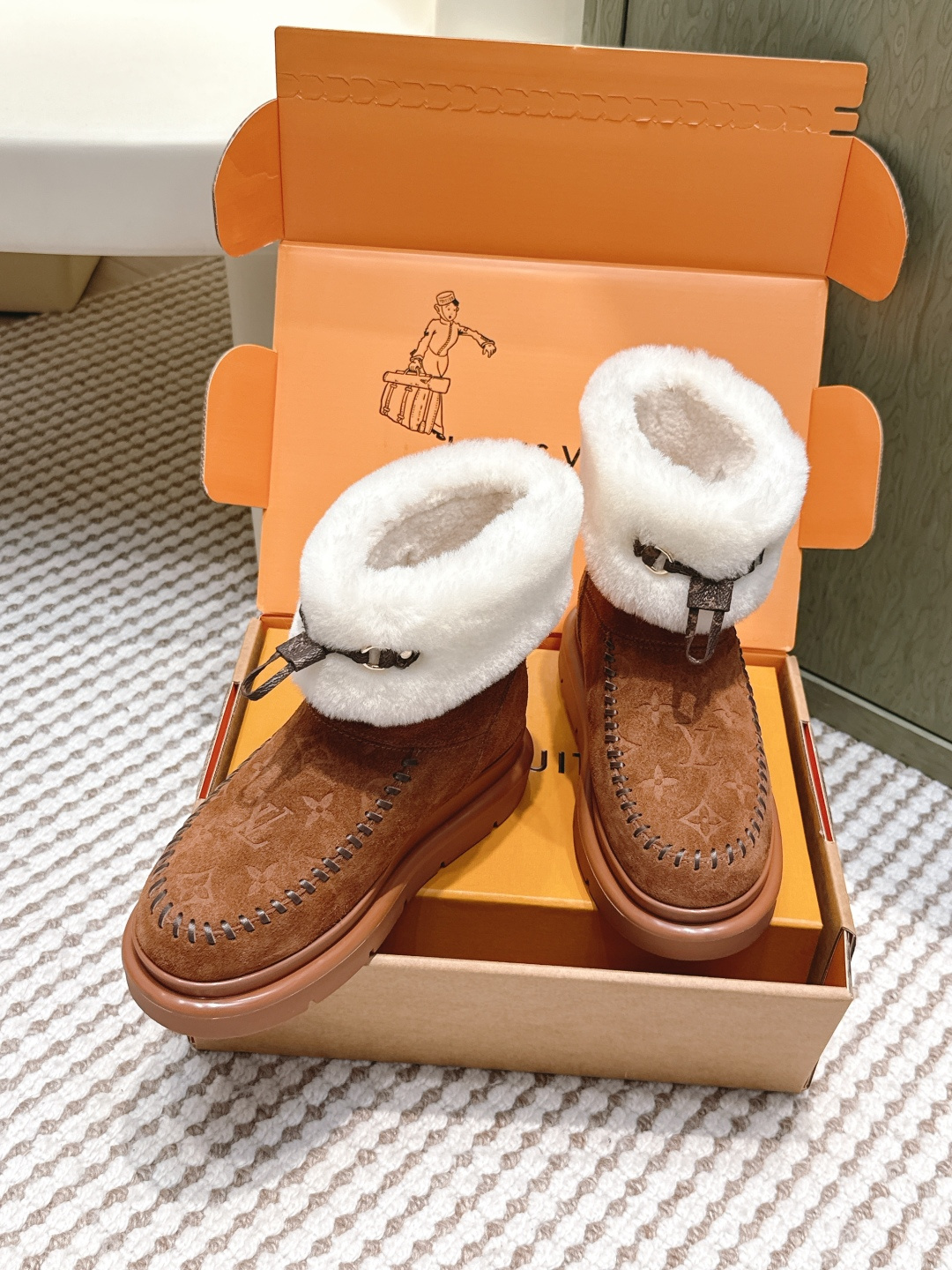 LV Monogram Suede & Shearling Comfort Winter Ankle Boots