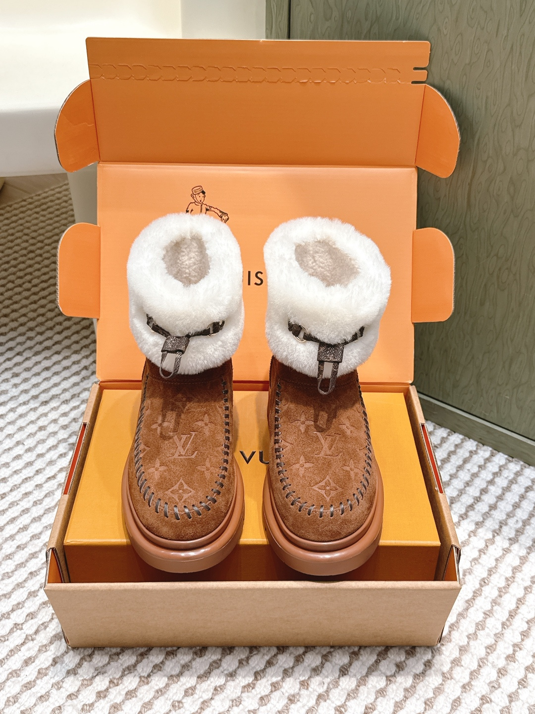 LV Monogram Suede & Shearling Comfort Winter Ankle Boots