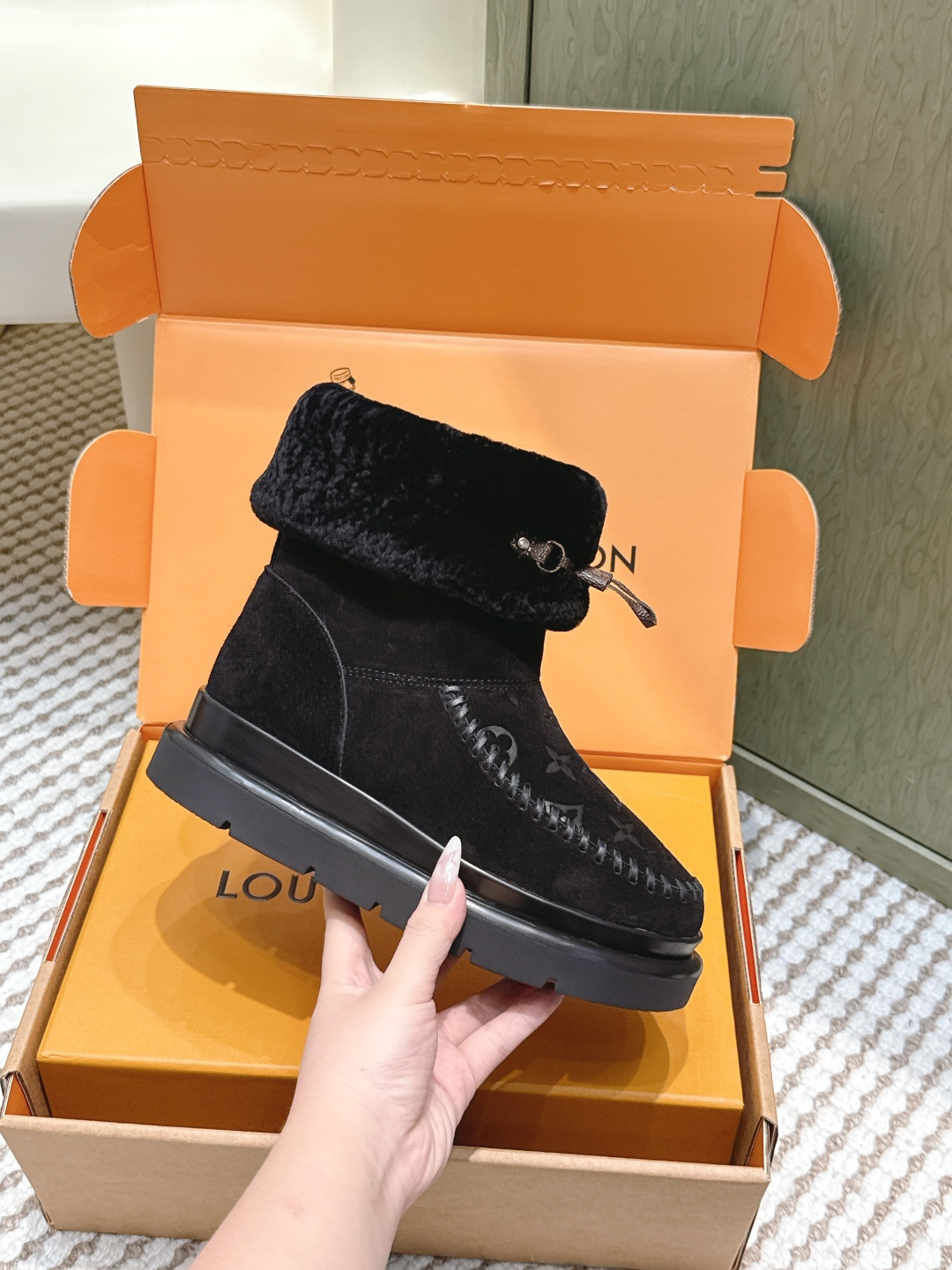 Luxury Monogrammed Black Shearling Winter Boots for Women