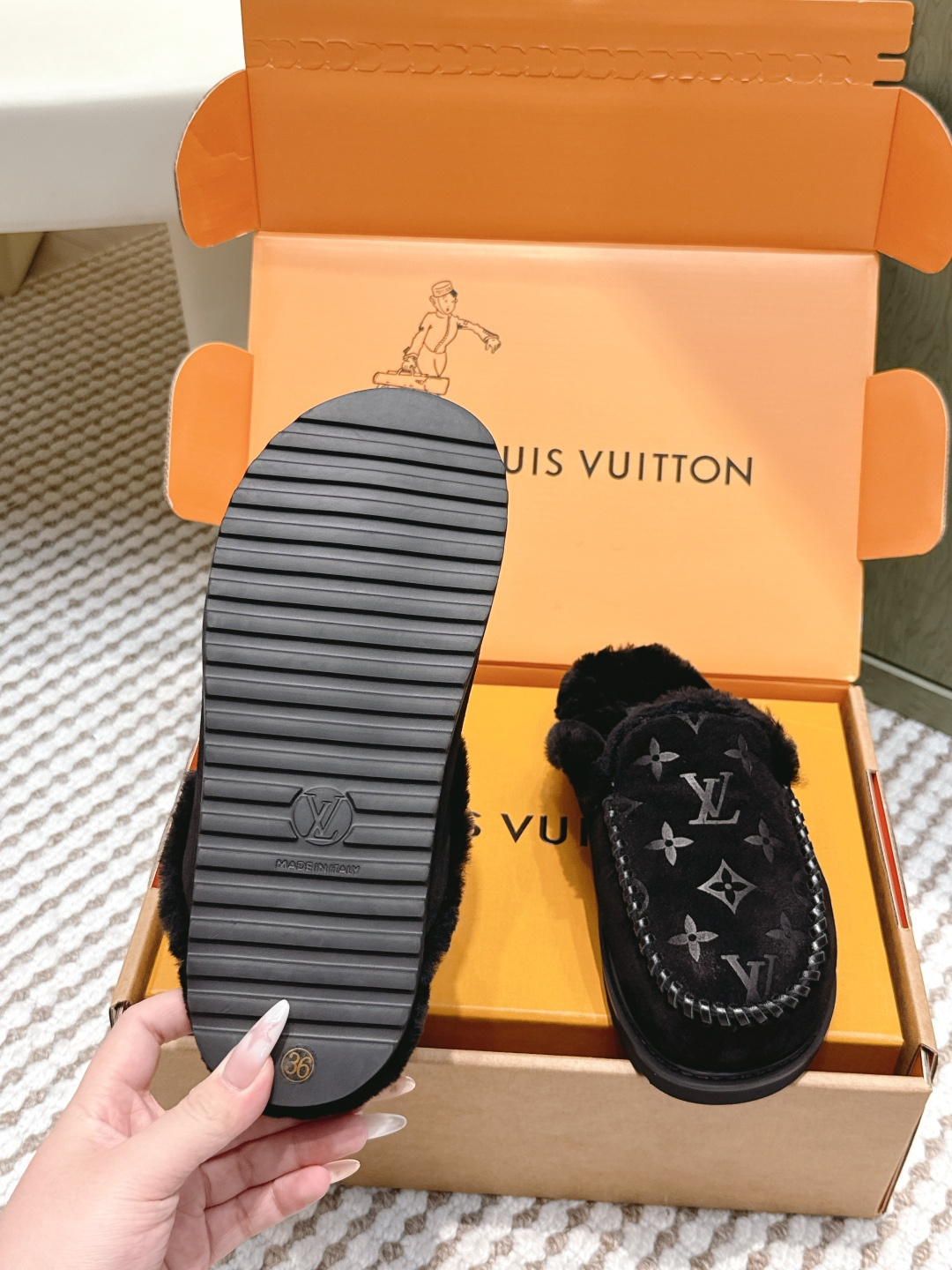 Louis Vuitton Black Monogram Shearling Luxury Fur Slippers