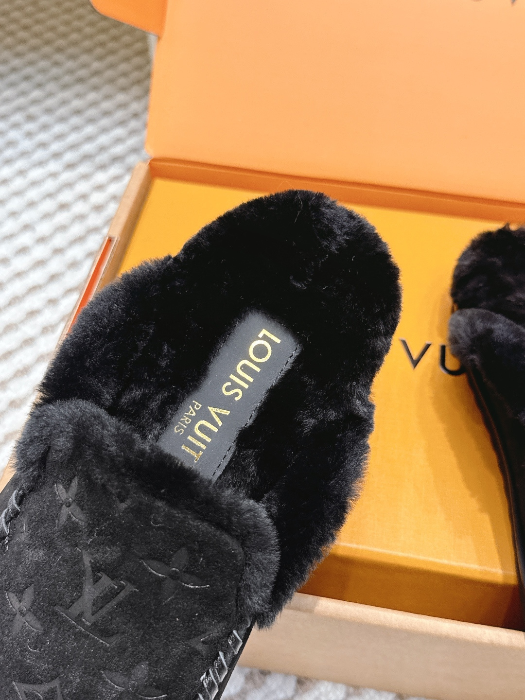 Louis Vuitton Black Monogram Shearling Luxury Fur Slippers