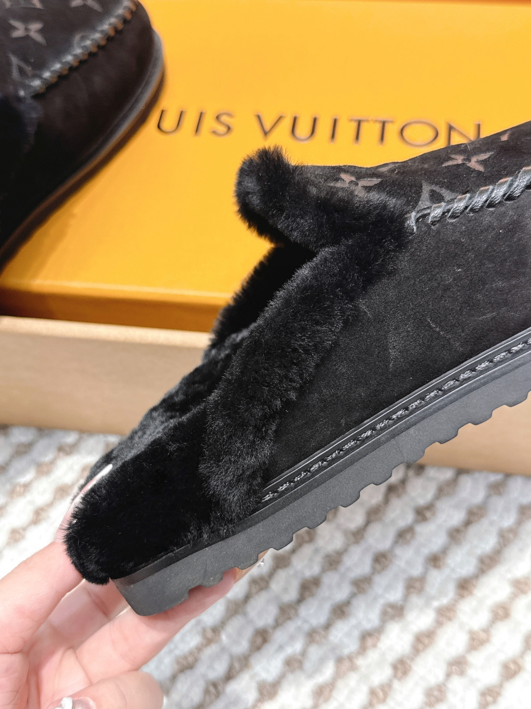 Louis Vuitton Black Monogram Shearling Luxury Fur Slippers