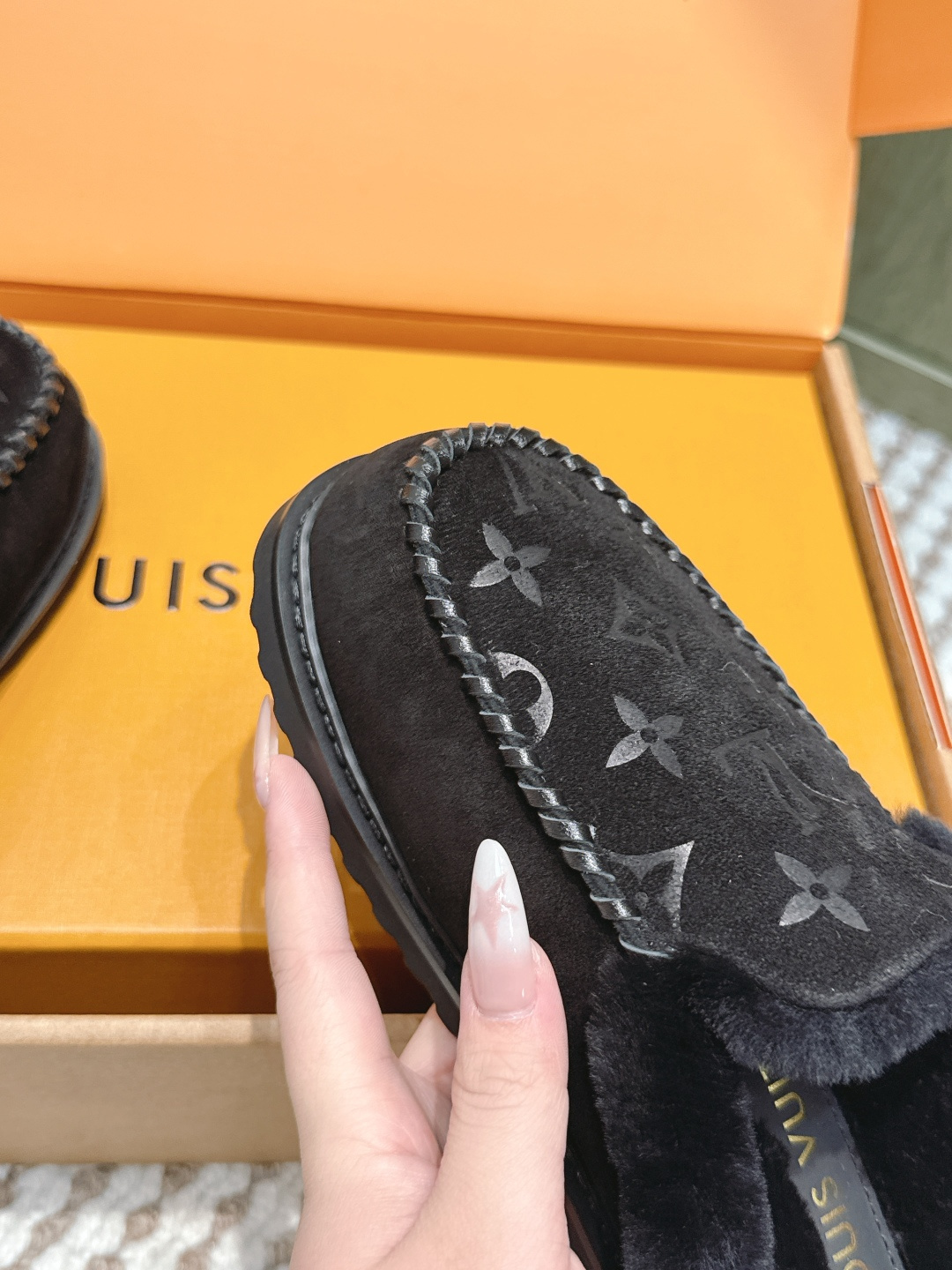 Louis Vuitton Black Monogram Shearling Luxury Fur Slippers