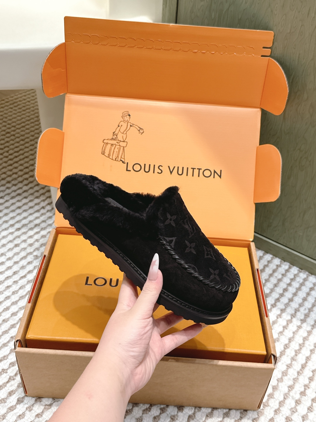 Louis Vuitton Black Monogram Shearling Luxury Fur Slippers