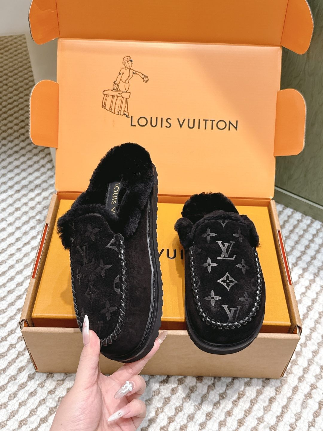 Louis Vuitton Black Monogram Shearling Luxury Fur Slippers