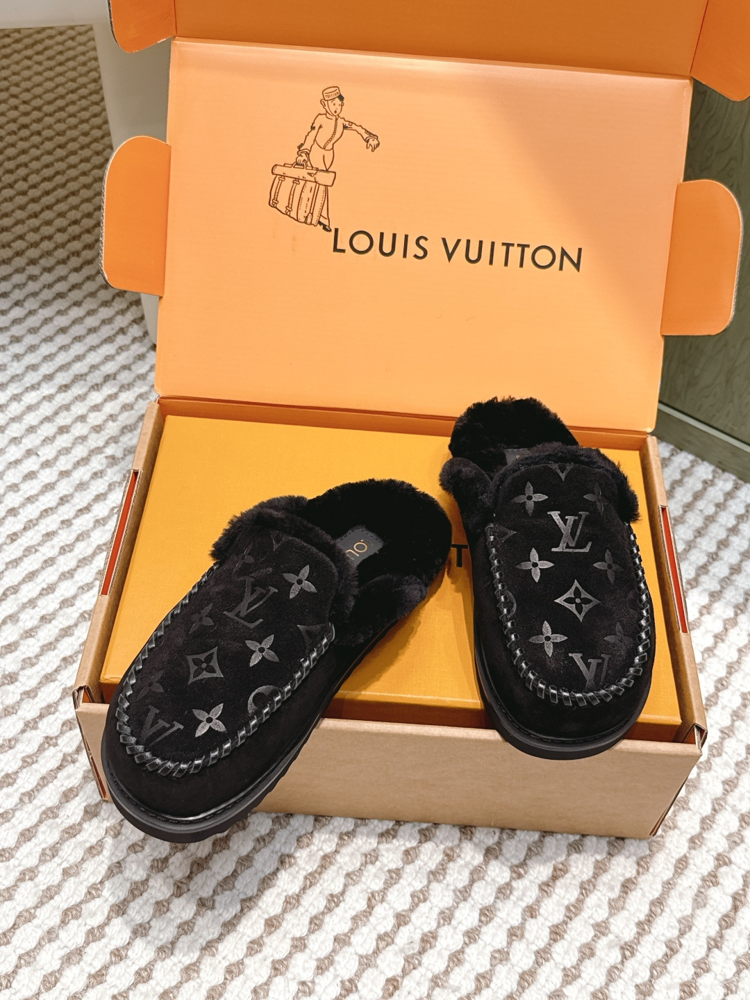 Louis Vuitton Black Monogram Shearling Luxury Fur Slippers
