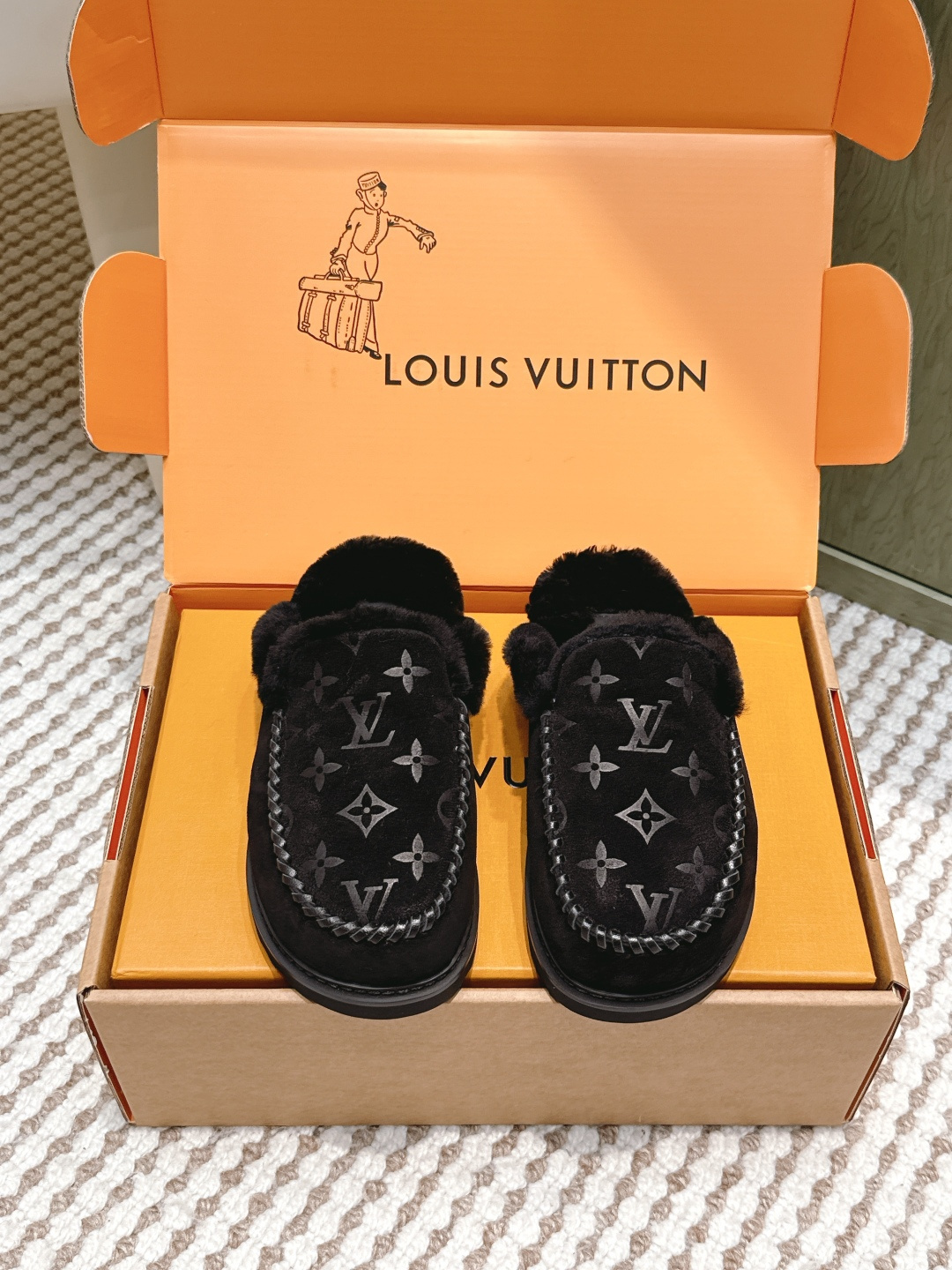 Louis Vuitton Black Monogram Shearling Luxury Fur Slippers
