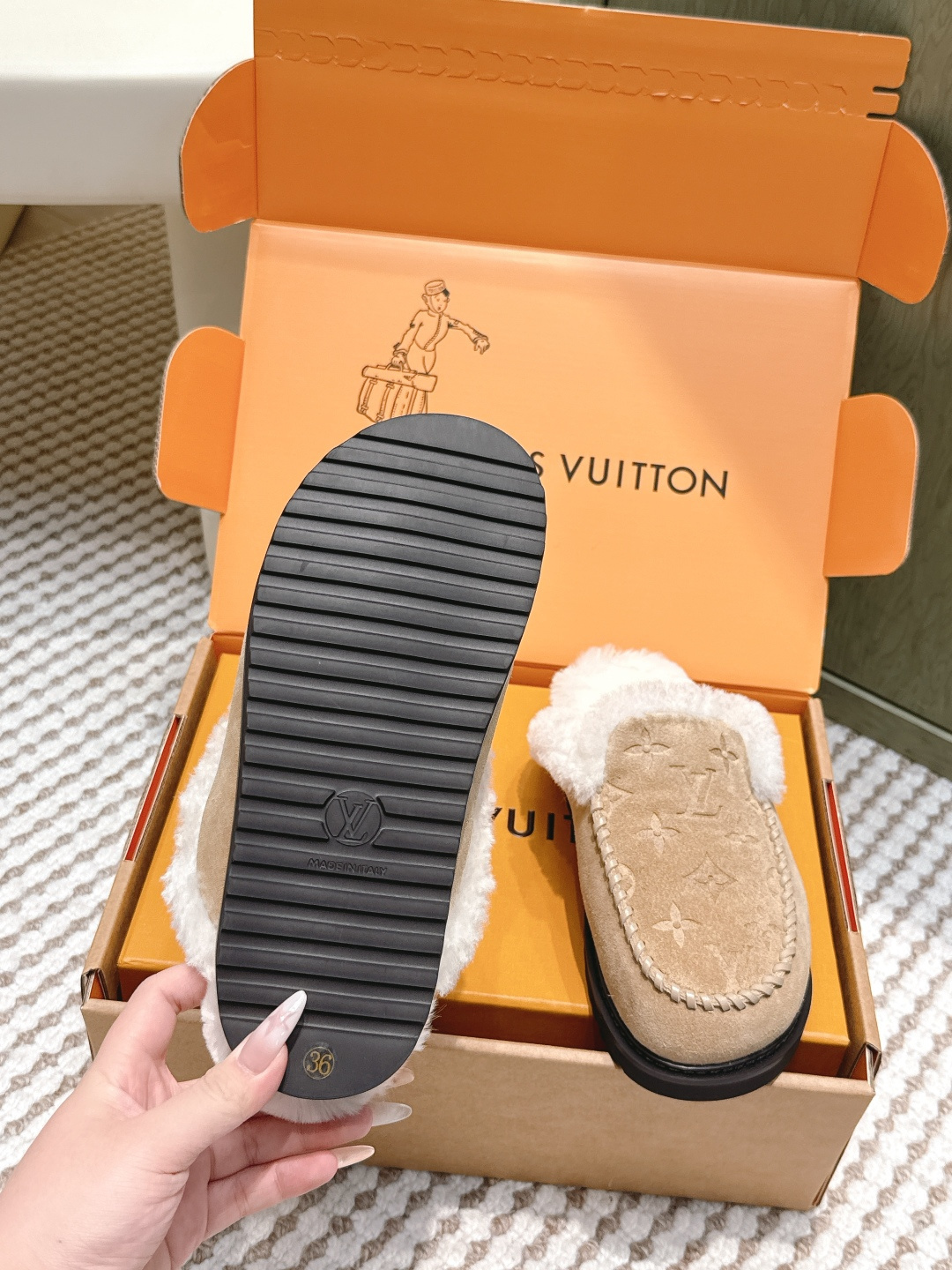 Louis Vuitton Monogram Suede Shearling Mules - Luxury Slippers