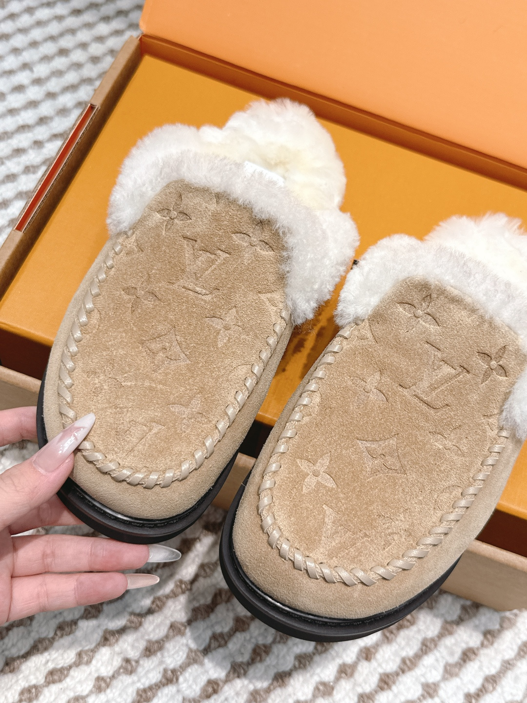 Louis Vuitton Monogram Suede Shearling Mules - Luxury Slippers