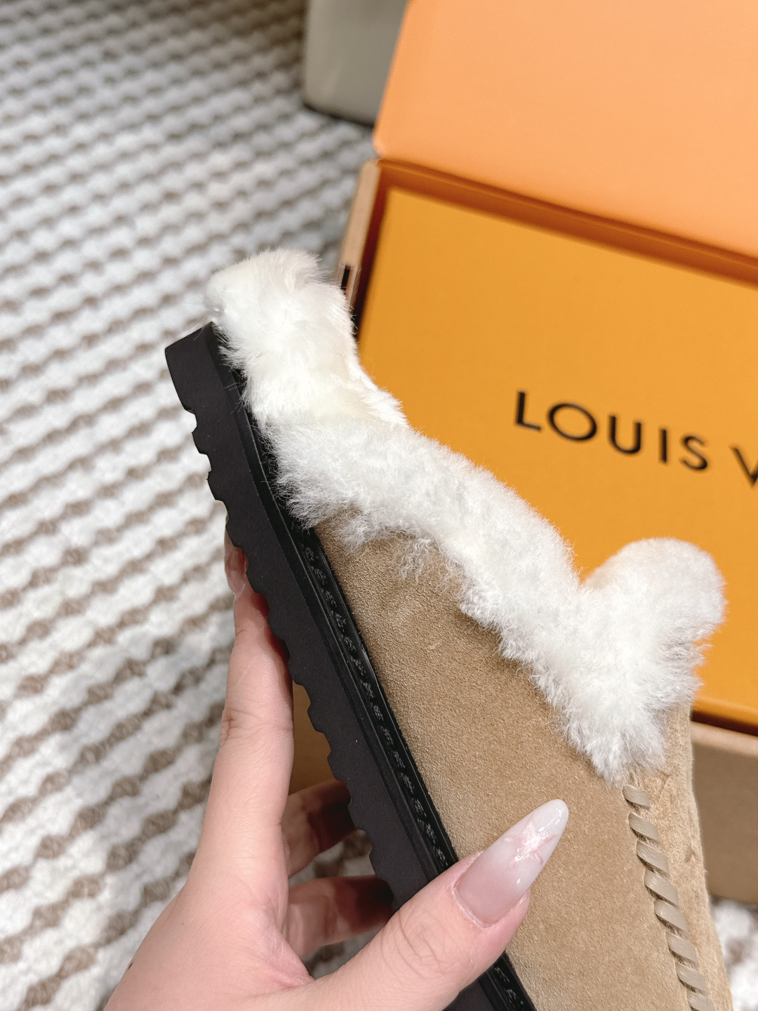 Louis Vuitton Monogram Suede Shearling Mules - Luxury Slippers
