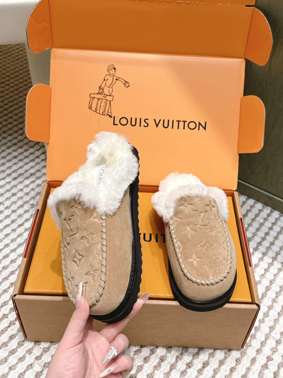 Louis Vuitton Monogram Suede Shearling Mules - Luxury Slippers