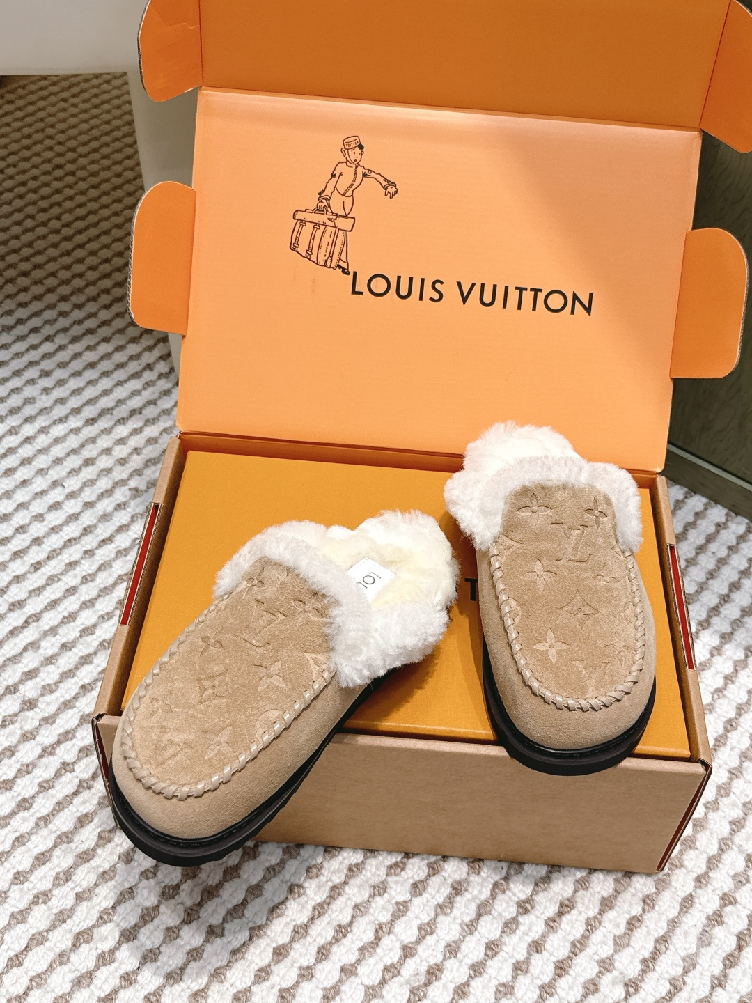 Louis Vuitton Monogram Suede Shearling Mules - Luxury Slippers