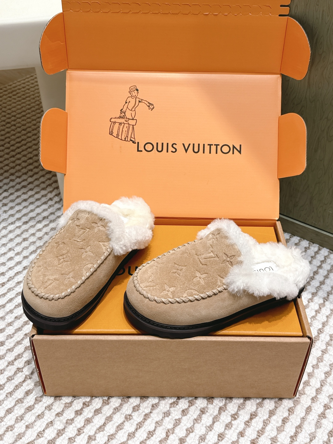 Louis Vuitton Monogram Suede Shearling Mules - Luxury Slippers