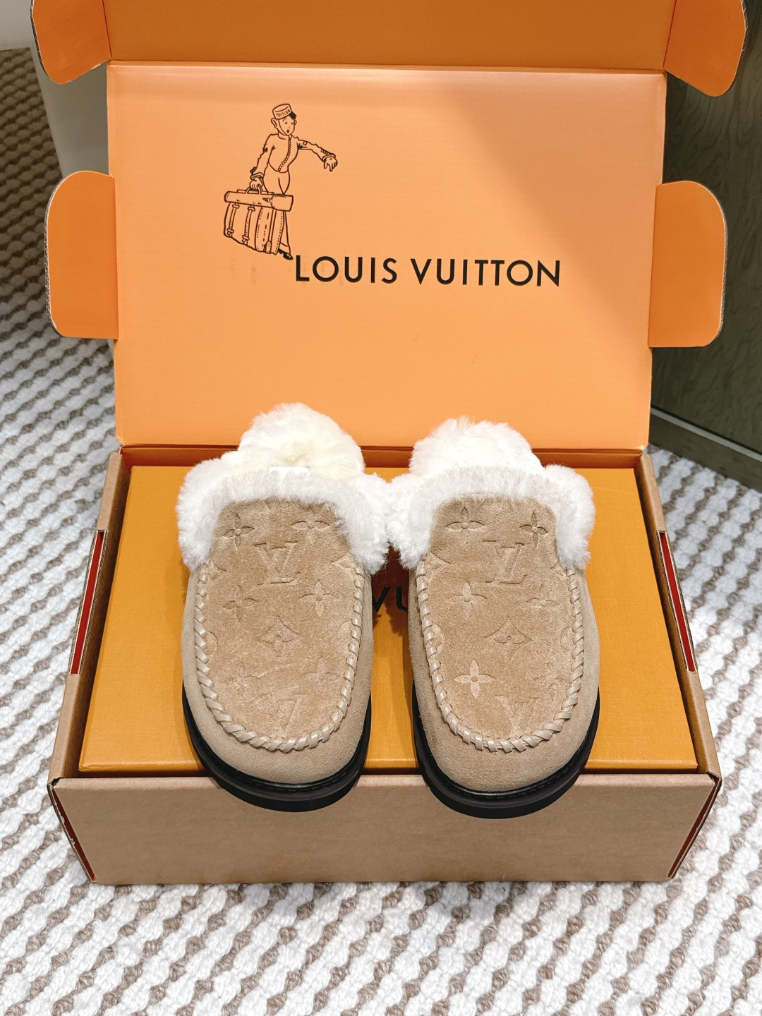 Louis Vuitton Monogram Suede Shearling Mules – Luxury Slippers