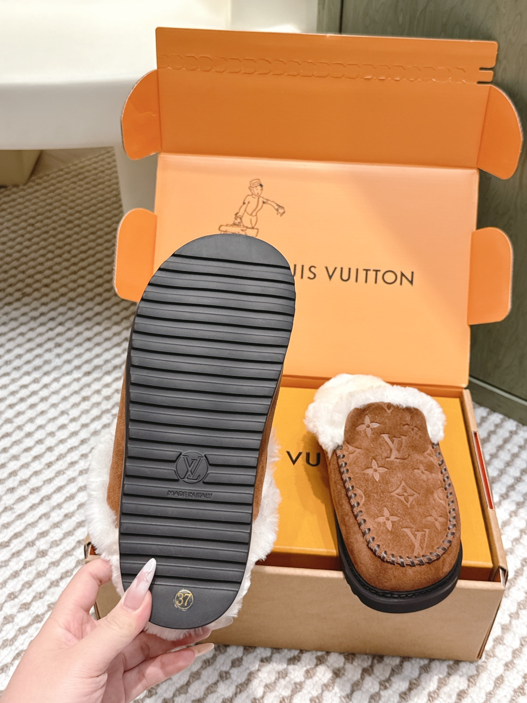 Louis Vuitton Monogram Suede Shearling Mules - Luxury Brown Slippers