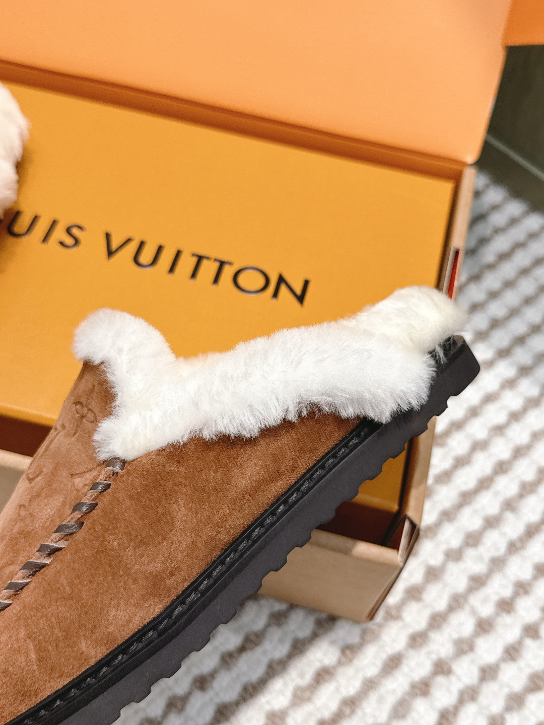 Louis Vuitton Monogram Suede Shearling Mules - Luxury Brown Slippers