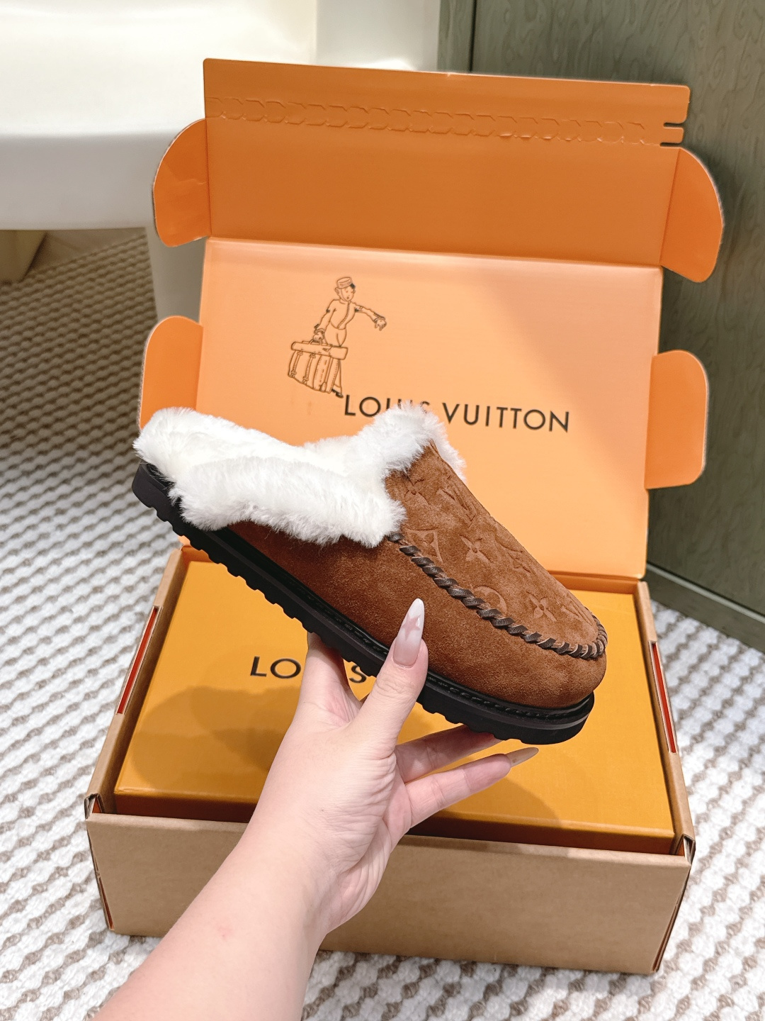 Louis Vuitton Monogram Suede Shearling Mules - Luxury Brown Slippers