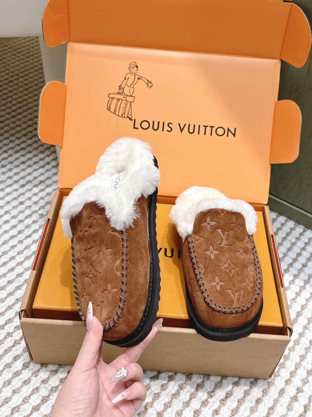 Louis Vuitton Monogram Suede Shearling Mules - Luxury Brown Slippers