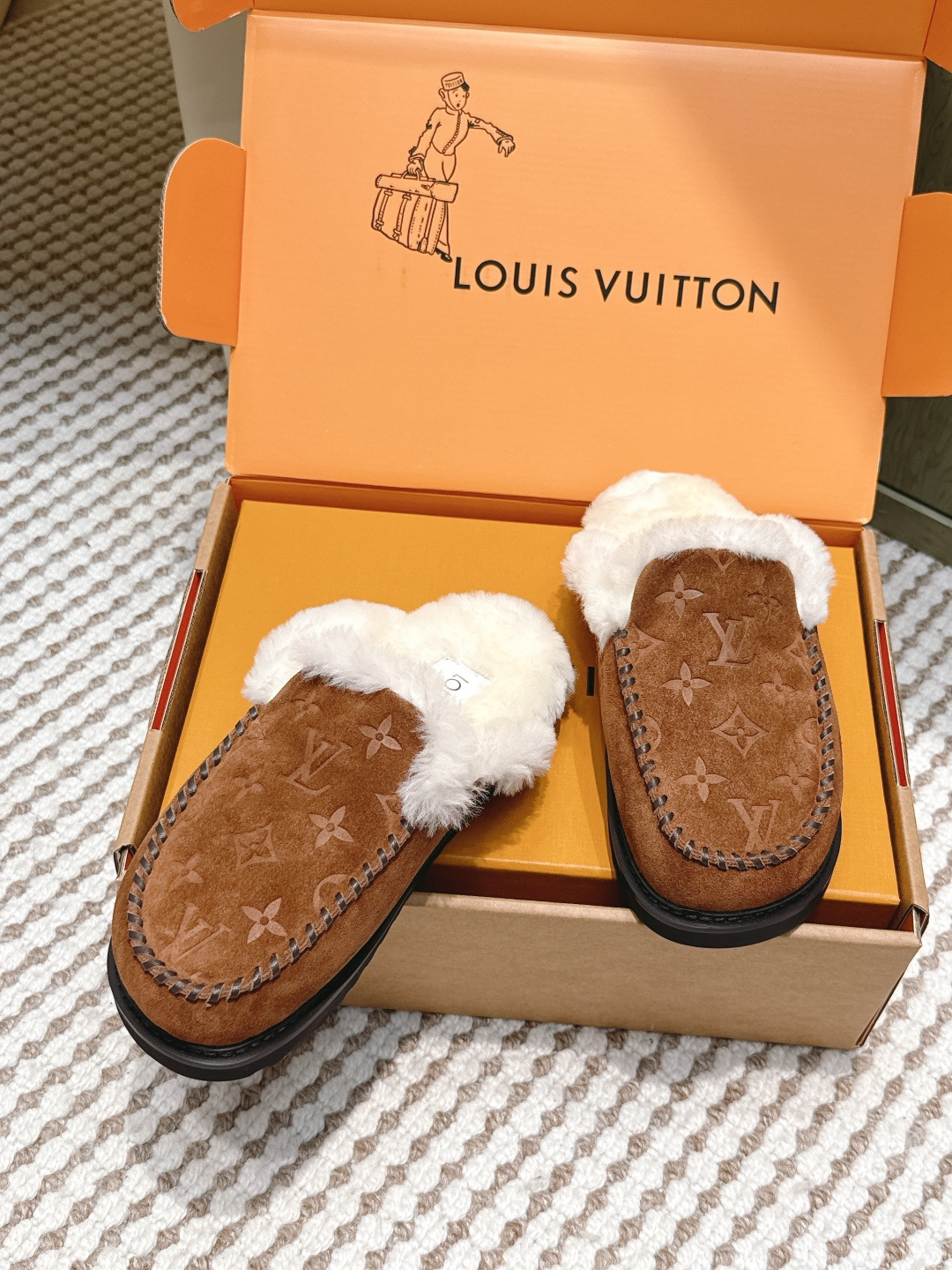 Louis Vuitton Monogram Suede Shearling Mules - Luxury Brown Slippers