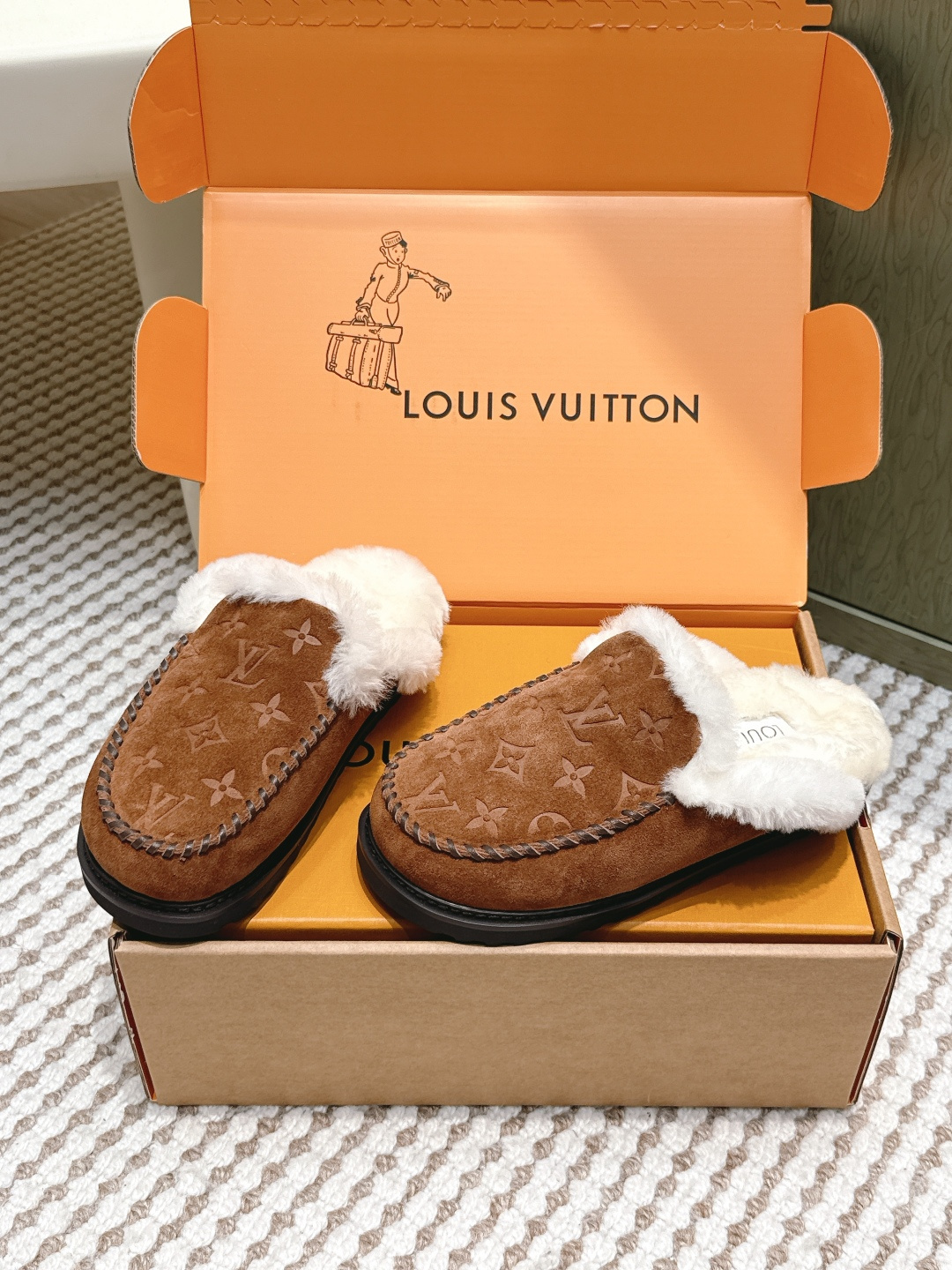 Louis Vuitton Monogram Suede Shearling Mules - Luxury Brown Slippers
