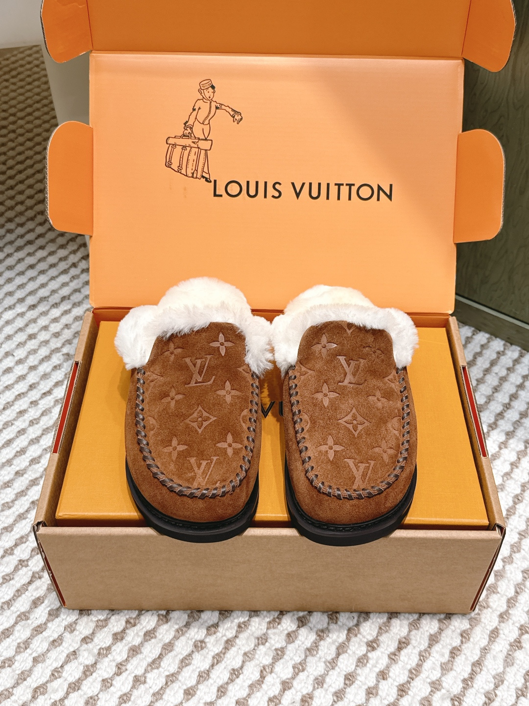 Louis Vuitton Monogram Suede Shearling Mules – Luxury Brown Slippers